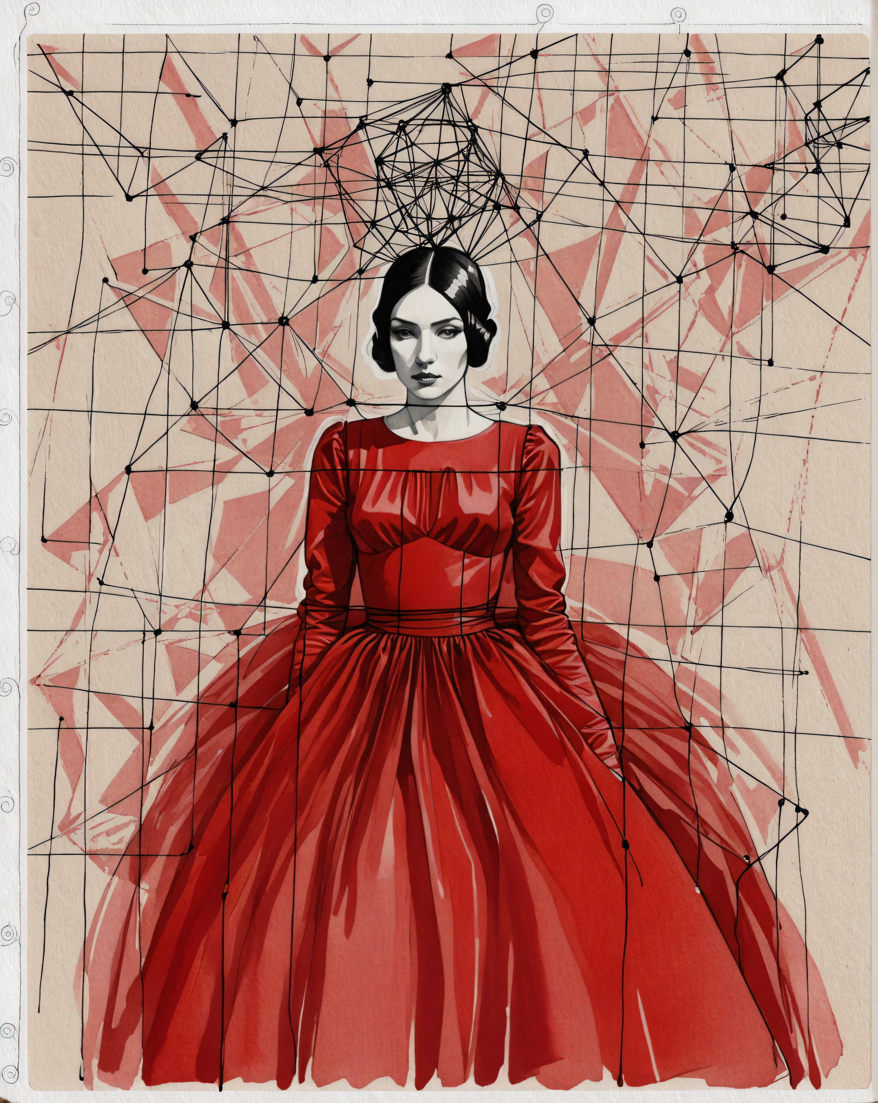 drawing of a woman in a red dress, tumblr, dada, vespertine, sketch of a lucid dream, wrapped in wires and piones
, geometrical painted art illustration, geometrical shapes