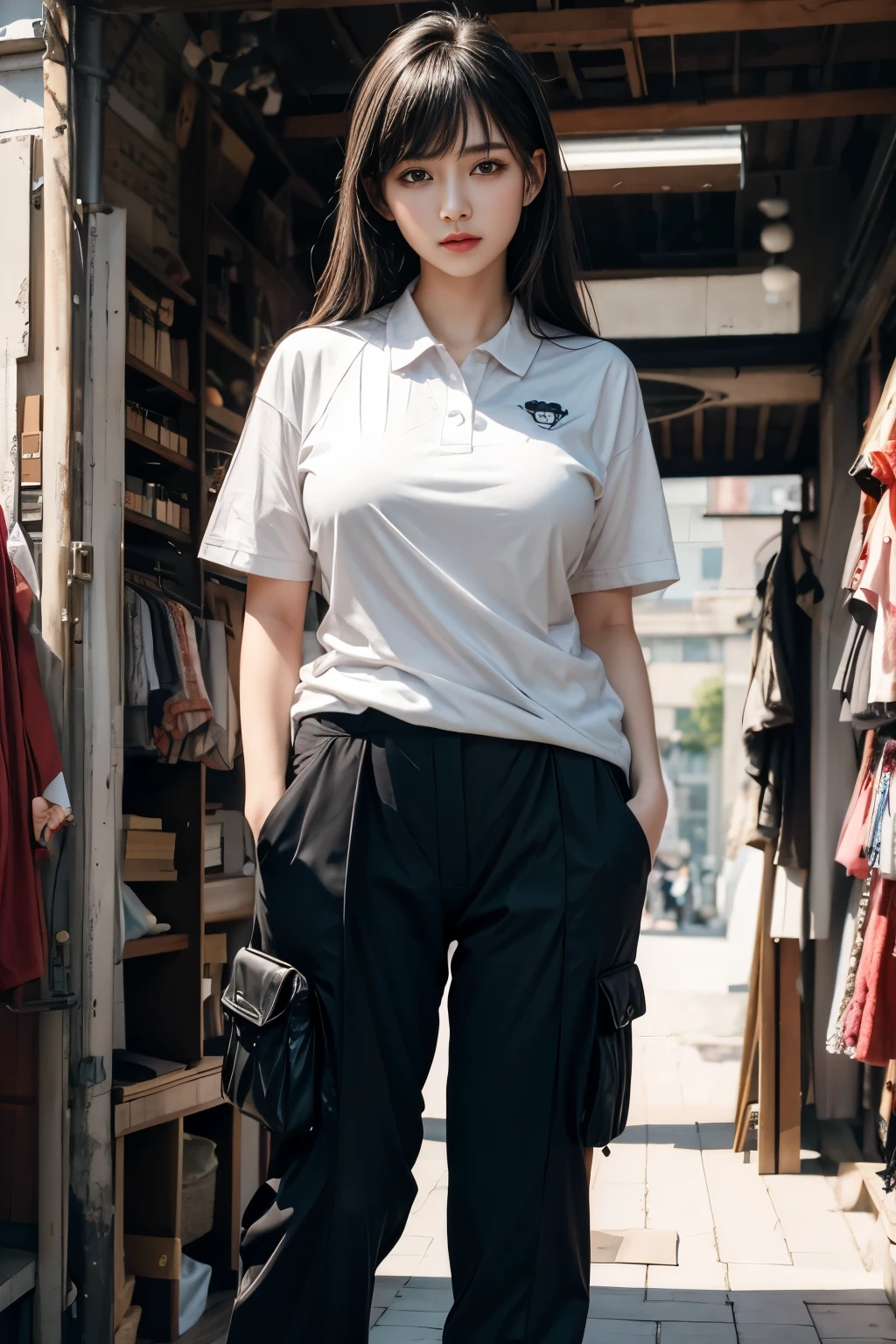 Photorealistic, high resolution, 1womanl, Solo, Hips up,view the viewer, (Detailed face), black hair,black eyes ,uniform black skirt ,detailed face super 4k