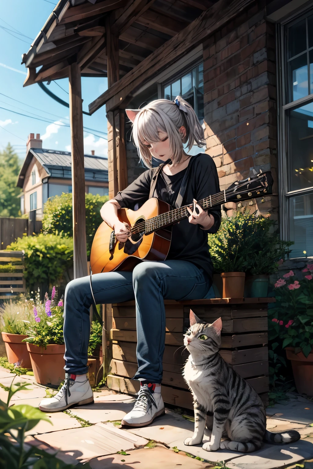 cat, playing guitar acoustic, garden