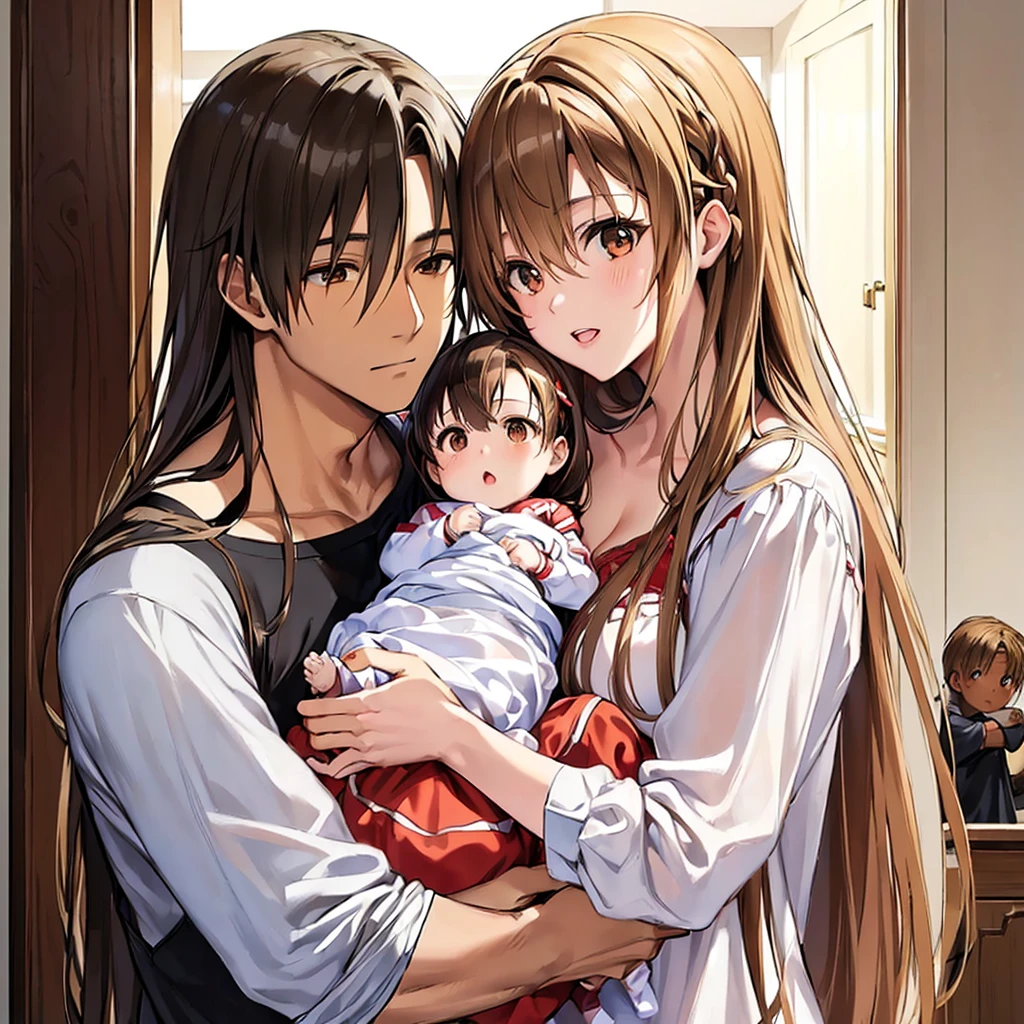 ((highest quality)), ((masterpiece)), Perfect Face、((Yuuki Asuna))、Brown Hair、((A woman holds a black baby))、Black man and woman standing close together、Black man fondling woman&#39;s breasts、Woman pregnant with black boy、（Breastfeeding）、Black men have dark skin and strong bodies