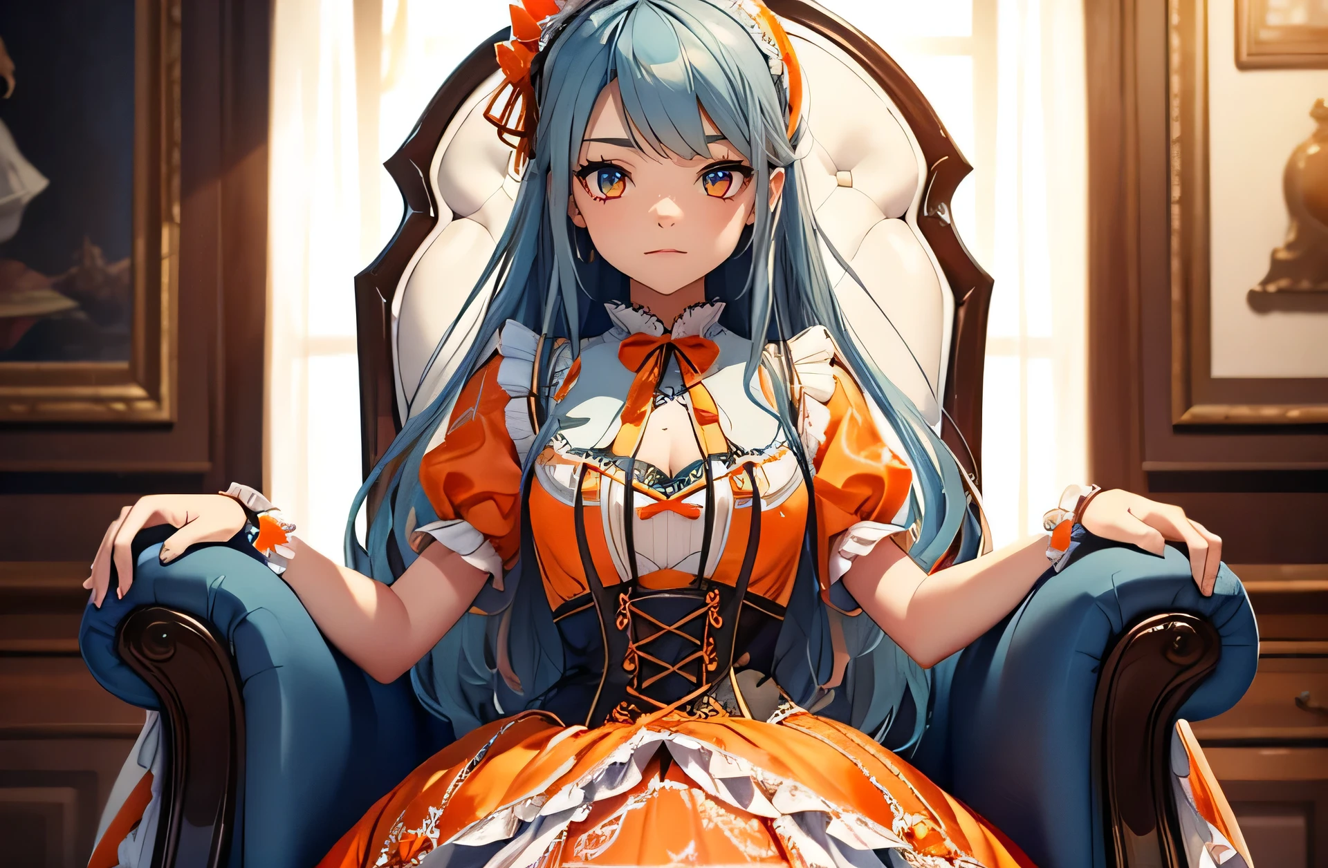 Fullbody, background highly detailed oldred city, 1 woman, best quality，tmasterpiece，ultimate resolution，Soft，extremely colorful，Colored，Mermaid princess，(Orange Lolita Dress:1.4)，wearing Black suspender stocking, More detailed 8K.unreal engine:1.4 ,UHD,Best quality:1.4, photorealistic:1.4, skin texture:1.4, masterpiece:1.8,premium work, best quality,object Object], (detailed face features:1.3)(long blue  hair:1.4),（Beautiful and detailed eye description）,(hands:1.4), medium breasts, red shoes, (sitting in a fancy chair) 