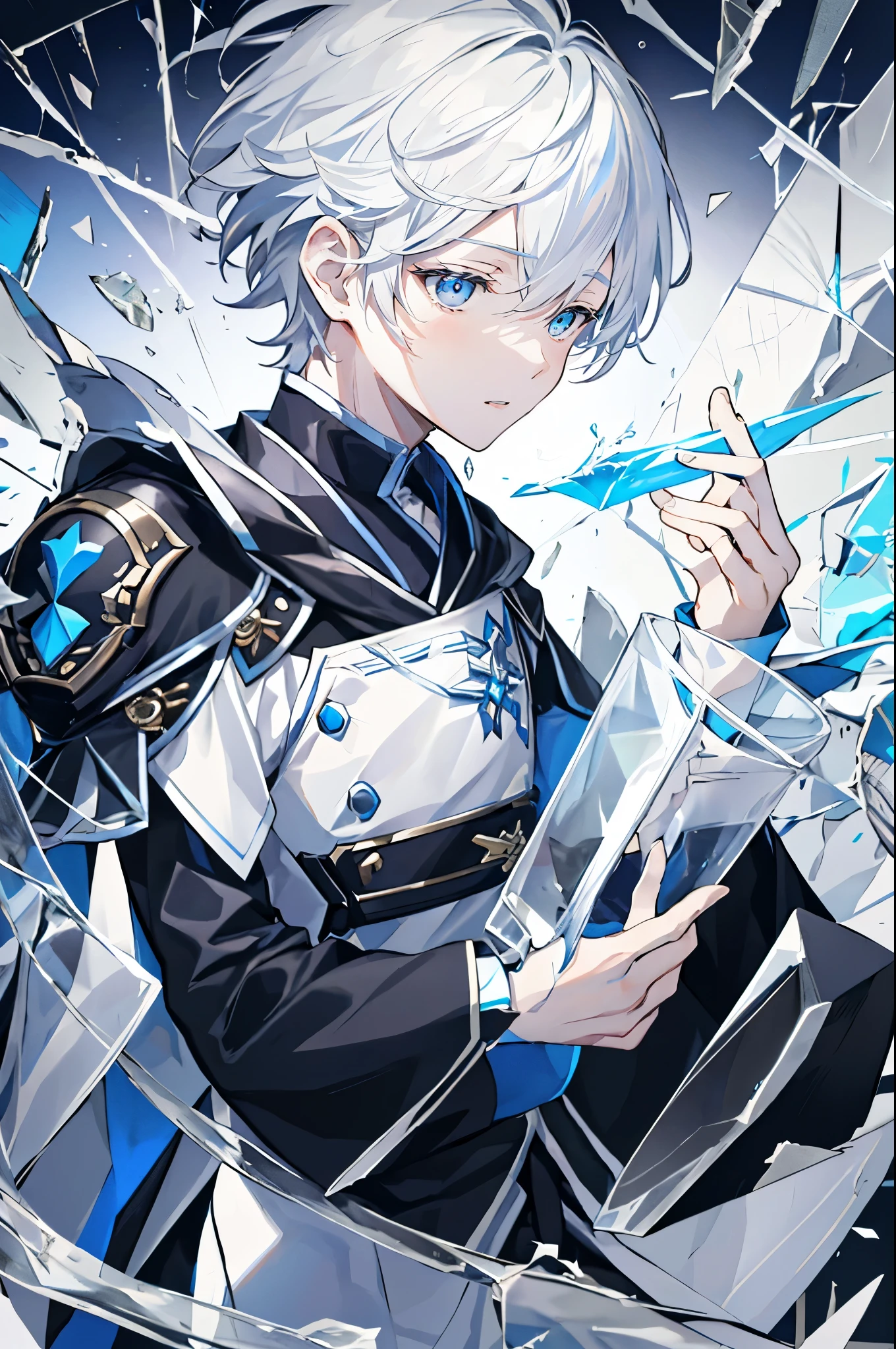 highest quality、Very delicate、Very detailed、White Hair、Medium Hair，Light blue eyes，One boy，solo、Look forward，Black clothes、Broken glass、