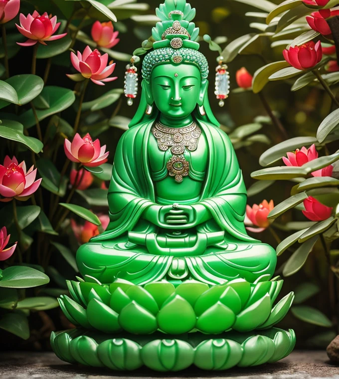 quan yin statue made of jade and jewery with 18 hands, detailed hands, detailed face, beatyfull face,shinning crystal clear jade statue, holding a light made of jewery, floating red lotus, chinese haven back ground, holly light