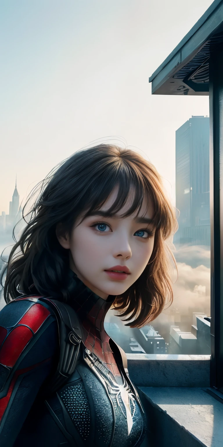 (1girl:1.3), Solo, (((Very detailed face)))), ((Very detailed eyes and face)))), Beautiful detail eyes, Body parts__, Official art, Unified 8k wallpaper, Super detailed, beautiful and beautiful, beautiful, masterpiece, best quality, original, masterpiece, super fine photo, best quality, super high resolution, realistic realism, sunlight, full body portrait, amazing beauty, dynamic pose, delicate face, vibrant eyes, (from the front), She wears Spider-Man suit, red and black color scheme, spider, very detailed city roof background, rooftop, overlooking the city, detailed face, detailed complex busy background, messy, gorgeous, milky white, highly detailed skin, realistic skin details, visible pores, clear focus, volumetric fog, 8k uhd, DSLR, high quality, film grain, fair skin, photo realism, lomography, futuristic dystopian megalopolis, translucent