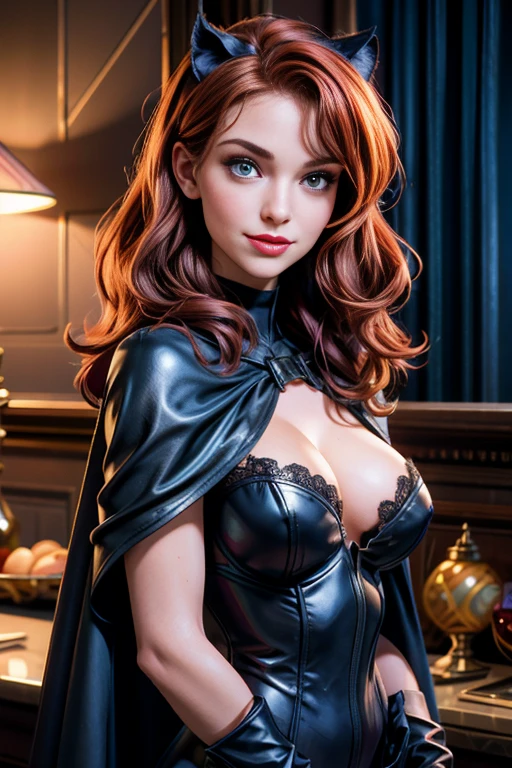 une femme de 25 ans, rousse, sexy, romantic smile, HD, 8k, masterpiece, a lot of details, catwoman cosplay, sexy, lingerie, cape, catwoman mask