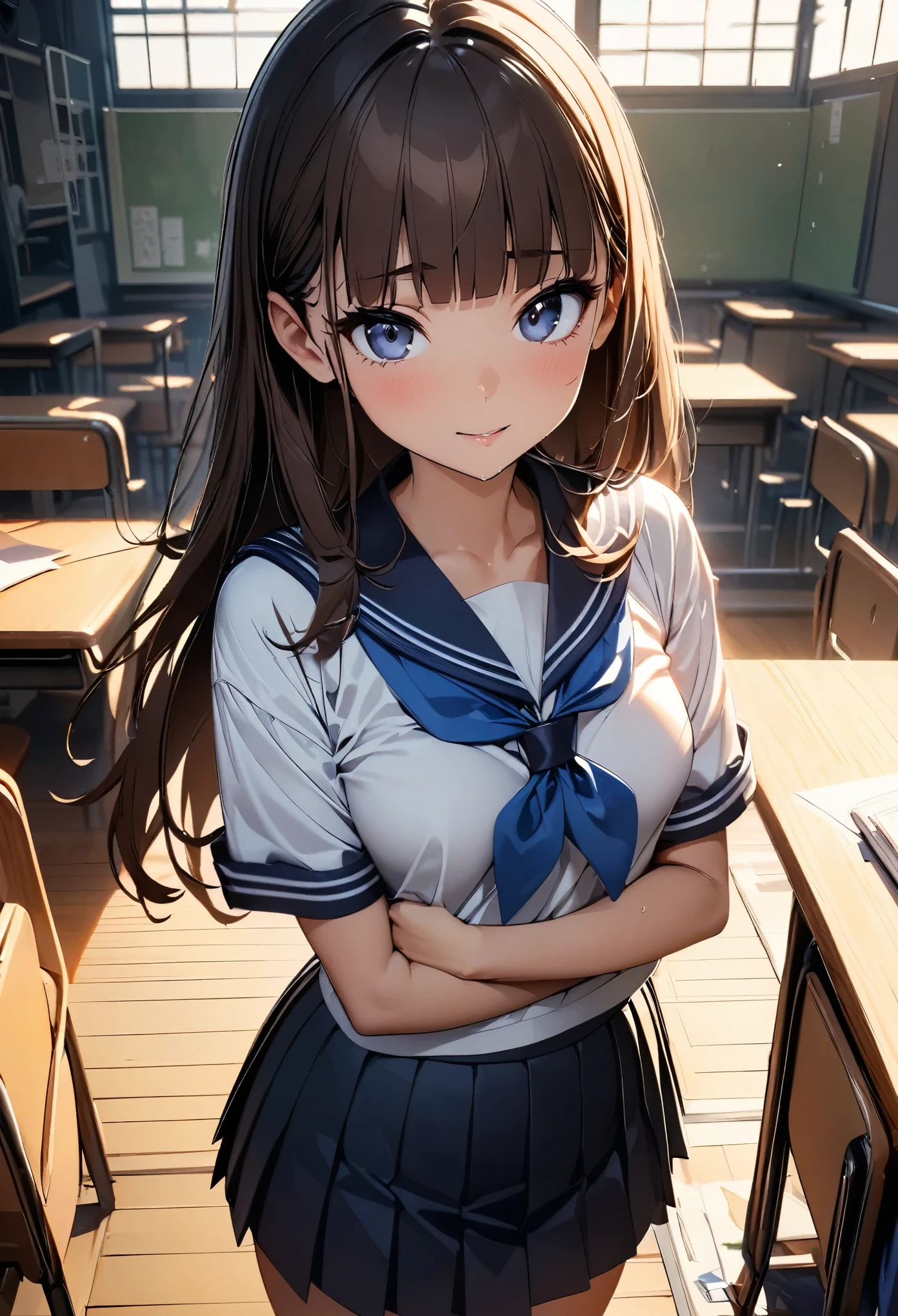 (high quality, 8k, 4K, High Contrast, masterpiece:1.2, highest quality, Best aesthetics), 1 female, (In perspective) beautiful and cute woman, The perfect 18 year old, Japanese、Brown Hair、Straight hair,long hair,blunt bangs,oily skin,small breasts,、Sailor suit、blue neckerchief、Pleated mini skirt、classroom、Japanese School、(Intricately detailed environments),(Textures and environments、Professional photos、Perfect lighting).