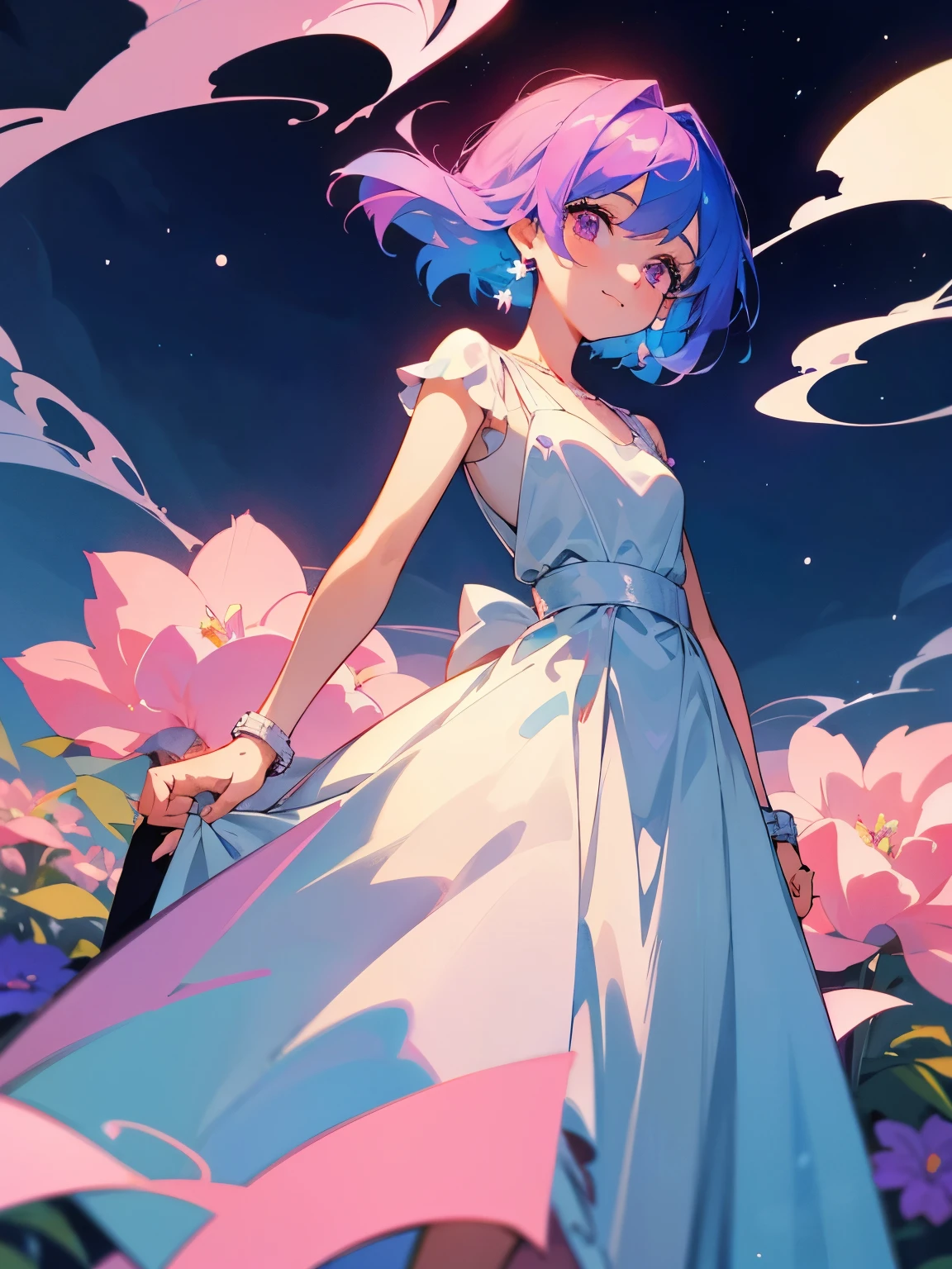 cartoon of a boy and a girl standing close together, ddlc, in the art style of 8 0 s anime, 9 0 s anime style, 90s anime style, in anime style, in an anime style, anime aesthetic, anime vibes, 9 0 s anime aesthetic, 9 0 s anime art style, lofi boy and girl, beautiful background outside, background at night with stars and a moon, fairy lights, beautiful background in a floral garden with fairy lights at night, a cute boy and a cute girl, beautiful faces, a boy and a girl, don't extra hands, NO extra hands, generate a boy and a girl with NO extra hands, NO extra arm, the boy has a short hairstyle and the girl has a long hairstyle, the boy has blue hair, the girl has pink hair, pretty faces, cute pretty boy in a smoking dress, cute pretty girl in a beautiful dress, with amazing smile, boy has a pretty smile, girl has a cute smile