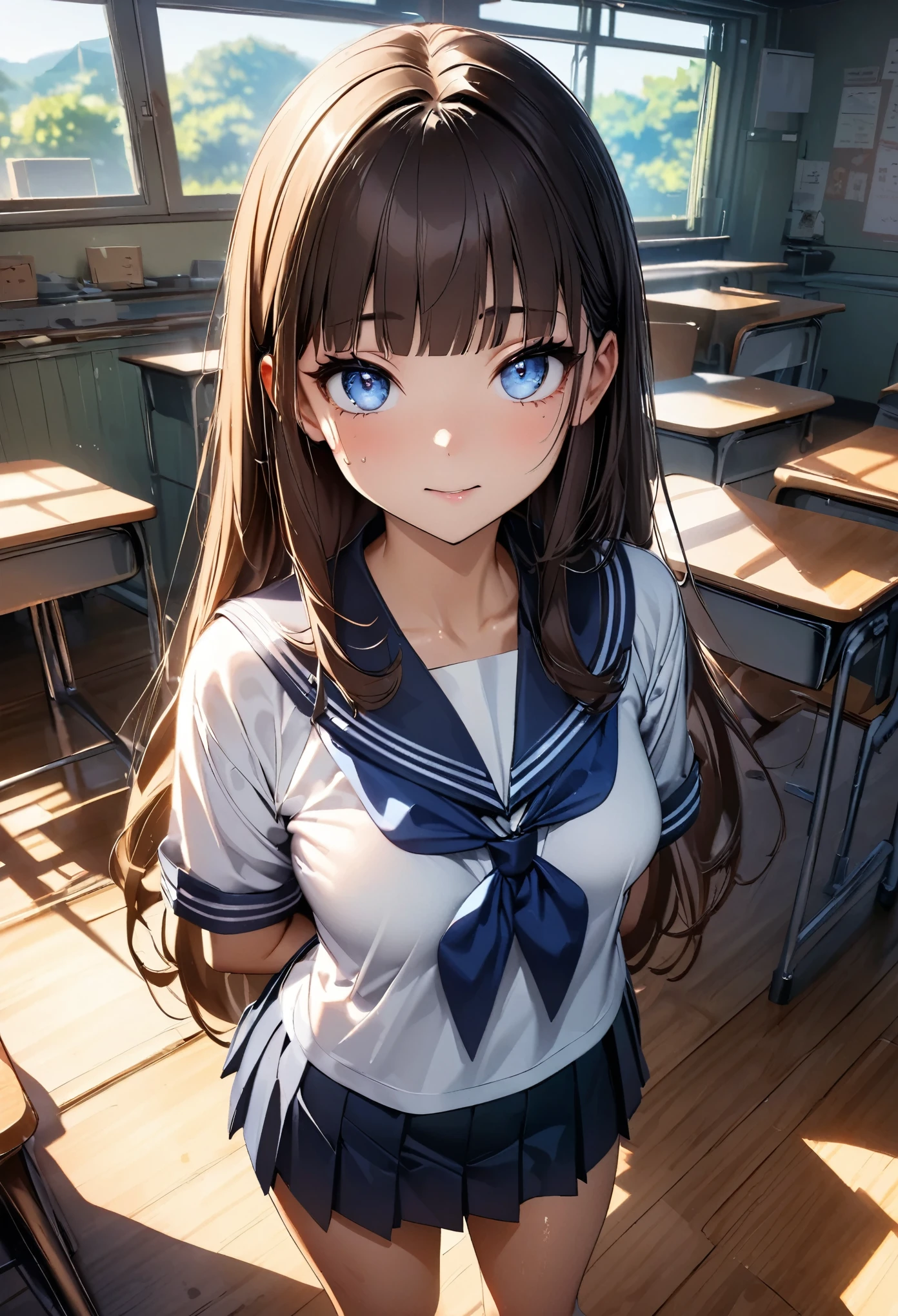 (high quality, 8k, 4K, High Contrast, masterpiece:1.2, highest quality, Best aesthetics), 1 female, ((beautiful
detailed face and eyes,gorgeous eyes)),The perfect 18 year old, Japanese、Brown Hair、Straight hair,long hair,blunt bangs,oily skin,small breasts,、Sailor suit、blue neckerchief、Pleated mini skirt、classroom、Japanese School、(Intricately detailed environments),(Textures and environments、Professional photos、Perfect lighting).