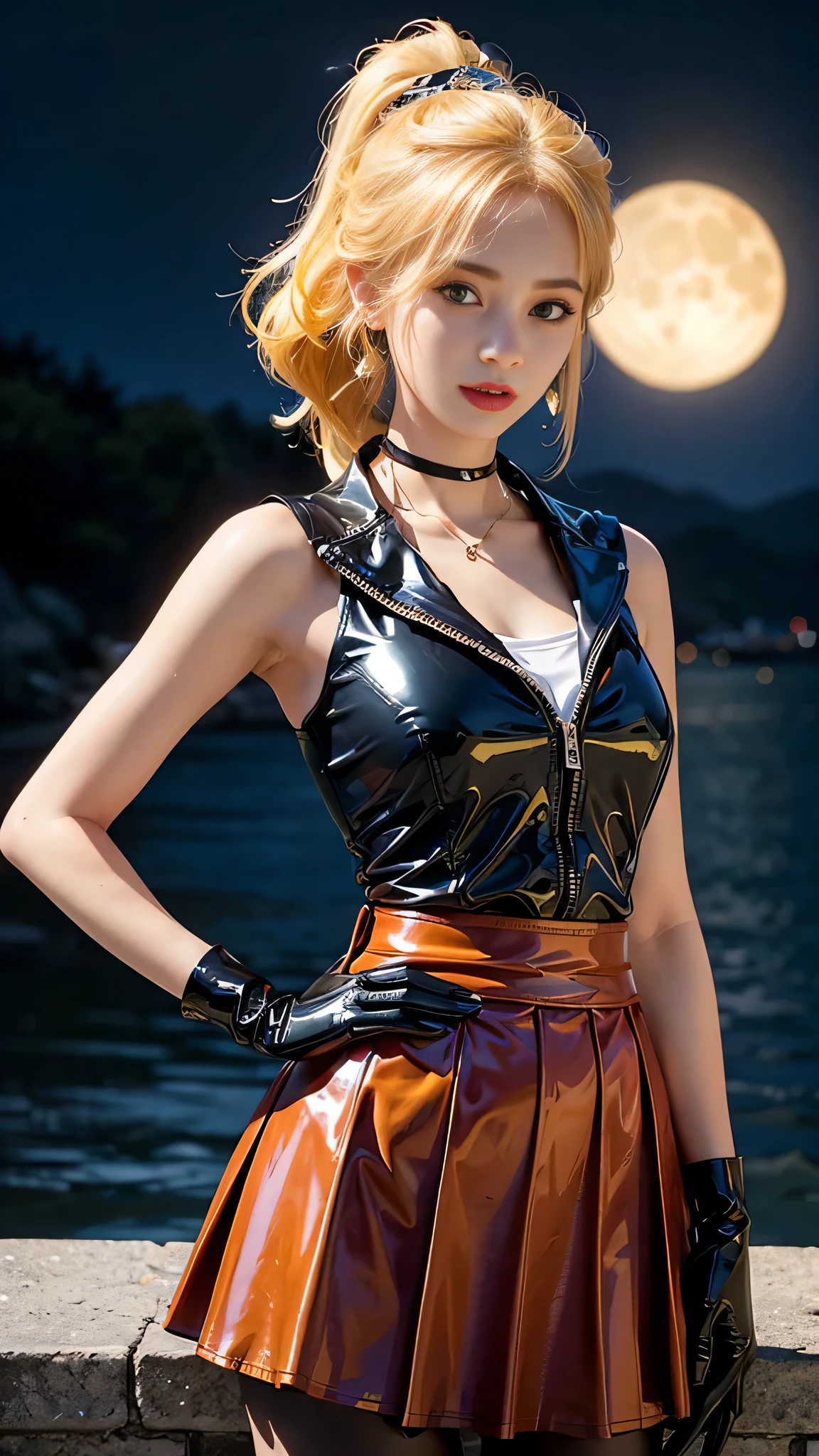 ((masterpiece:1.4)、(highest quality:1.4)、(Realistic:1.7))、Masterpiece:1.4、(Top-notch rendering:1.4)、beautiful girl、(Beautiful Girl Sailor Moon:1.7)、MoonWild Rabbit、(Body Fit Sexy Sailor Warrior Uniform:1.4)、(Shiny latex:1.7)、(The jacket is a white sleeveless sailor suit....:1.4)、(Skirt Blue Sexy Ultra Ultra Pleated Mini Skirt:1.4)、The sailor suit collar has two thin blue lines...............:1.2、High leg swimsuit、Red cloth decoration on chest:1.2、(Wearing white gloves)、Cute Girl、Super Beauty、Sharp Focus、Portrait Photography:1.4、8k、Photorealistic images:1.4、(Perfect female body:1.4)、Perfect proportions、(Upper body shot:1.4)、Beautiful Face、Beautiful Eyes、(Narrow waist:1.4)、(9-body proportions beautiful girl:1.4)、(A beautiful girl with long legs and a good figure:1.4)、Beautiful feet:1.2、(Yellow Hair:1.4)、(Long Hair:1.2)、(ponytail:1.2)、Beautiful breasts、Large Breasts:1.2、sexy ass、Raw photo、Red lips、Red high heels:1.4、choker:1.4、necklace:1.4、Earrings:1.4、Gorgeous golden tiara:1.4、1 Screen Display:1.4、moon、universe、spaceship、Universe Station、City of the Future