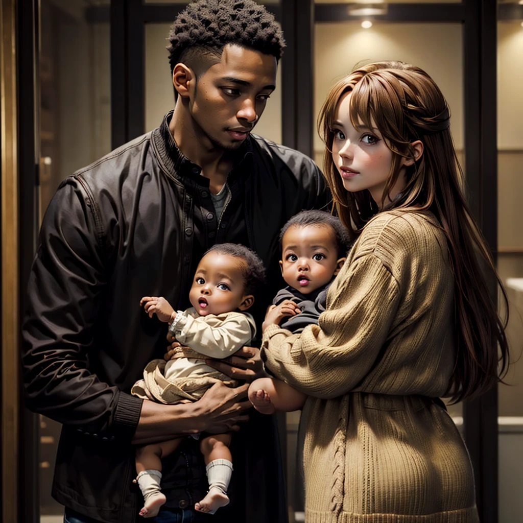 ((highest quality)), ((masterpiece)), Perfect Face、((Yuuki Asuna))、Brown Hair、((A woman holds a black baby))、Black man and woman standing close together、Black man fondling woman&#39;s breasts、Woman pregnant with black boy、（Breastfeeding）、Black men have dark skin and strong bodies