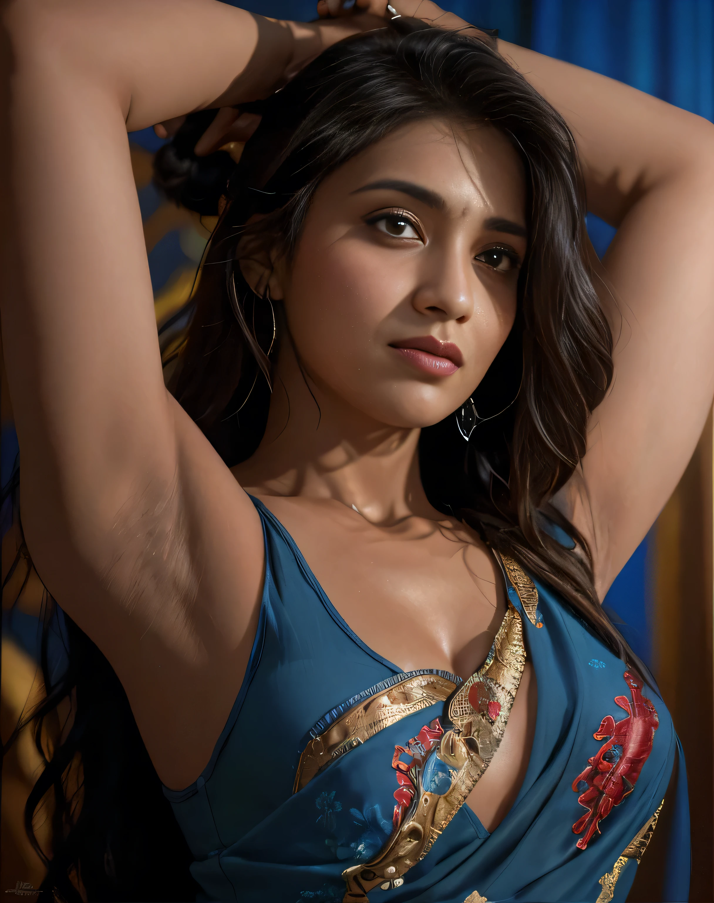A confident-looking indian with long flowing hair, looking at viewer,hazel eyes, cyber background blue and red light, perfect composition, hyperrealistic, super detailed, 8k, high quality, trending art, trending on artstation, sharp focus, studio photo, intricate details, highly detailed,