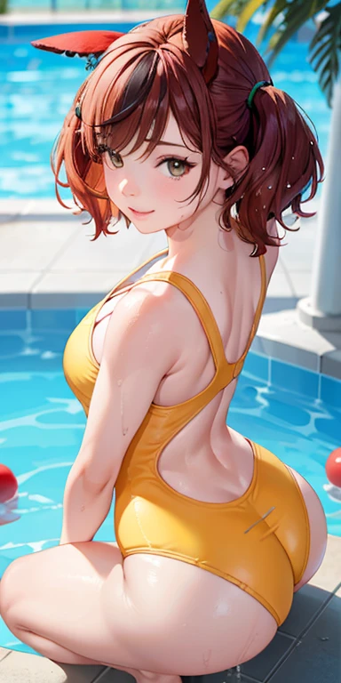 nicenature、Close-up of the butt looking up from below、Get wet all over 1.5.Realistic、squat butt emphasis、13 year old girl、wearing a yellow swimsuit,smile,cleavage emphasis,face reality,lips are a little red,cheeks are a little red,Sexy,pool