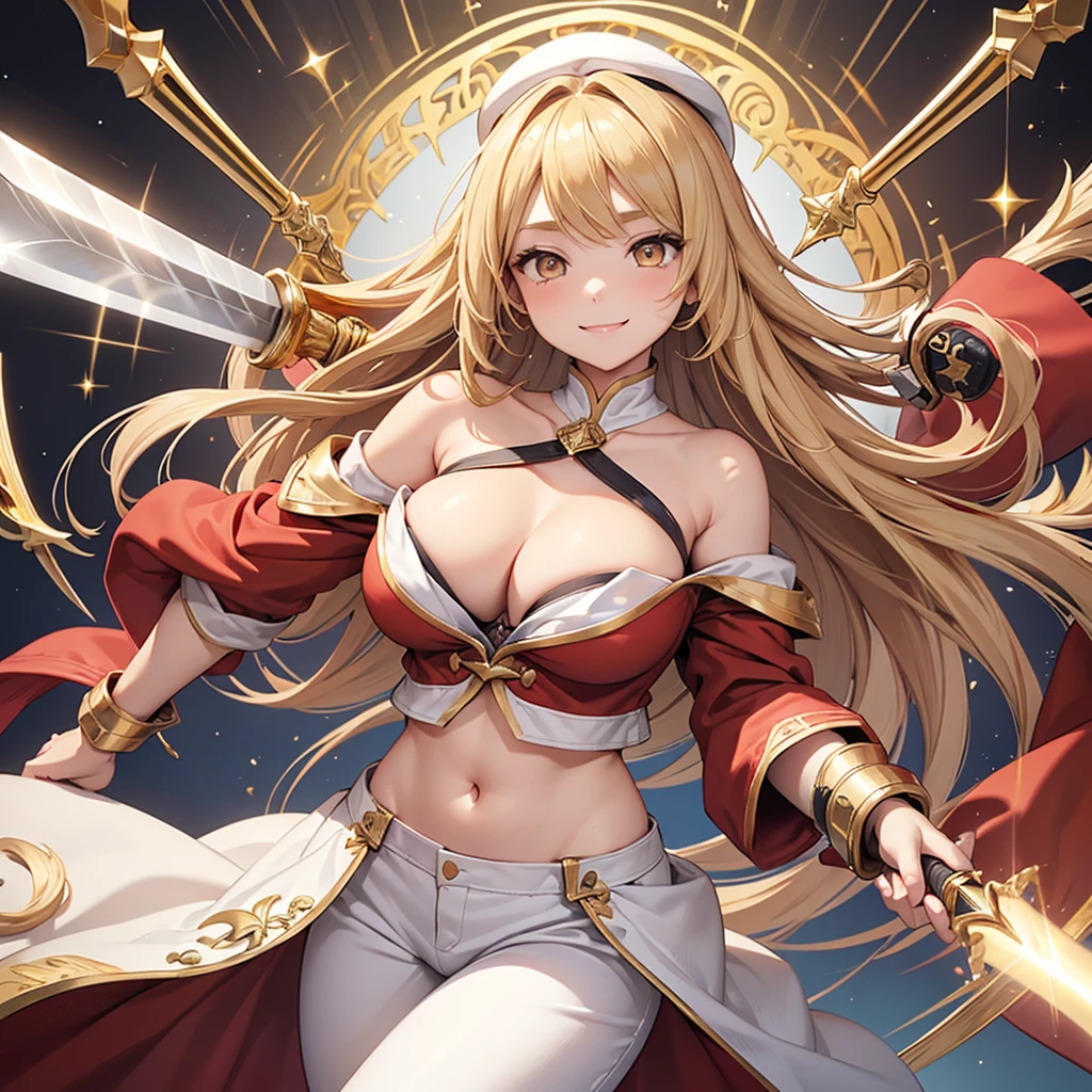 masterpiece、top-quality、(Blonde colored long hair、I have bangs:1.1)、(25 year old woman)、 (gold eyes:1.5)、(Big round eyes:1.5)、(Emphasis on the chest:0.5)、(modest smile expression:1.3)、(Staring:1.5)、(Close-up of the subject's face:0.5)、
Military uniform、red jacket、White shirt、White pants、Army red Caps、Red military cloak、
standing、five perfect and beautiful fingers、Bust Shot、
Alone、Open your mouth、Fearless smile、(large Breasts:1.3)、(Glowing Skin:1.2)、(dynamic pose hand holding a sword gripping one Rapier in hand:1.3)、midriff peek、Off the shoulder、Uplifting、Have a rapier grip