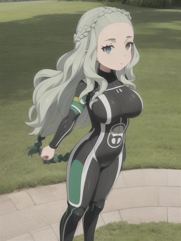 (best quality:1.1),(ultra detailed:1.1),solo,looking at viewer,Guel,light-green hair,long hair,braid,grey eyes,wavy hair,big breasts,bodysuit,arms at sides,portrait,full body.