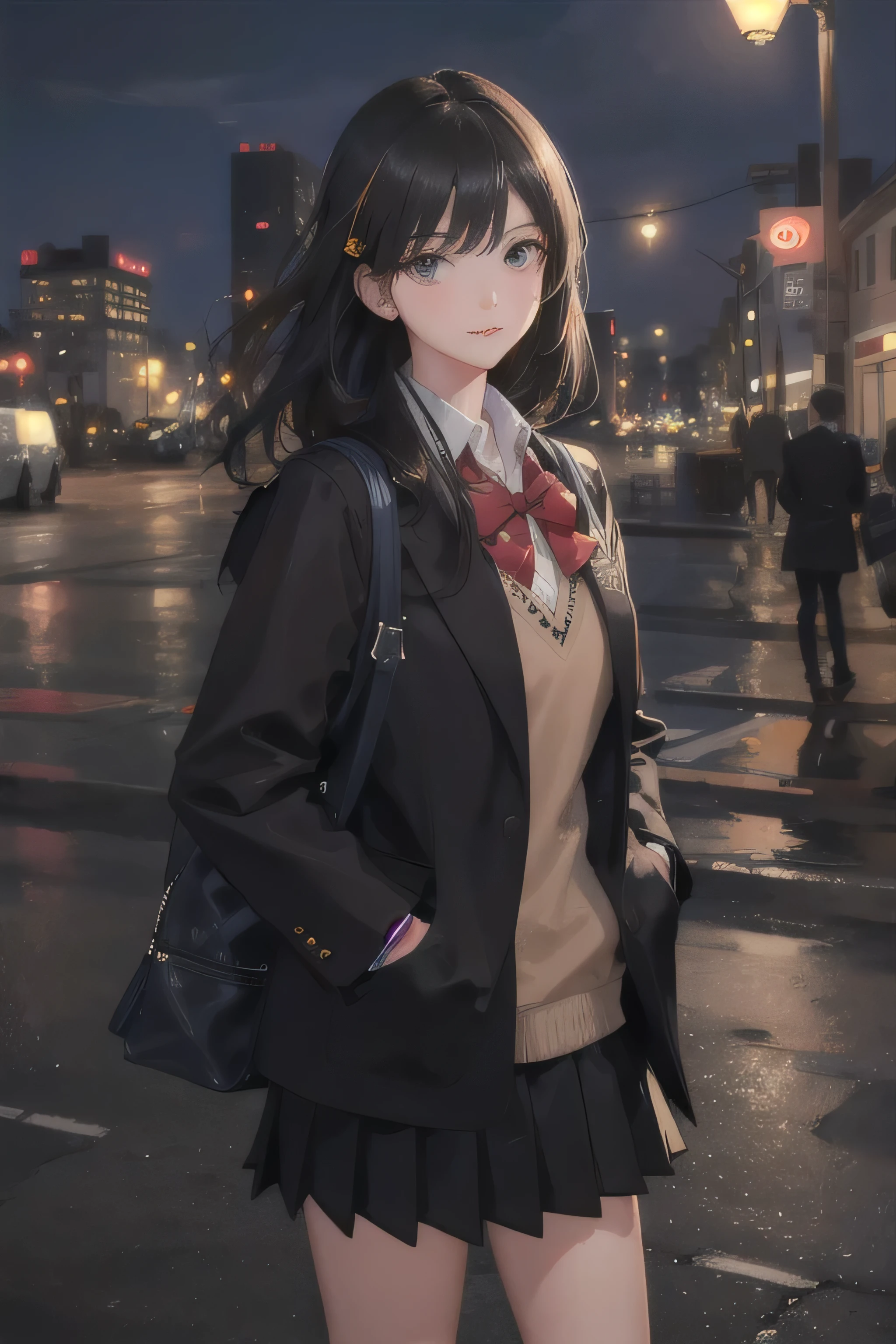 8K, masterpiece, highest quality, Illustration image, One Girl, 全てBlack Hair, semi-long, City night downtown in the background, Being on the ground, spring, high school student, uniform, Warm colors, Black schoolback, school bag, Accurate and highly detailed backgrounds, cute, Detailed face, Fine grain, Beautiful Eyes, Face forward and then glance sideways at the viewer diagonally below, Put your hands in your pockets, Black Hair,
