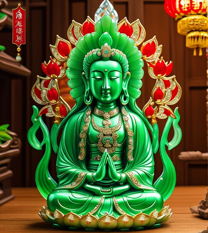 
 quan yin statue made of jade and jewery with 18 hands,super detailed, close eyes, detailed hands, detailed face, beatyfull face,shinning crystal clear jade statue, holding a light made of jewery, floating red lotus, chinese haven back ground, haven light