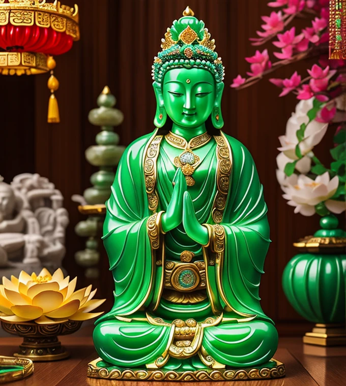 quan yin statue made of jade and jewery with 18 hands,super detailed, close eyes, detailed hands, detailed face, beatyfull face,shinning crystal clear jade statue, holding a light made of jewery, floating red lotus, chinese haven back ground, haven light
