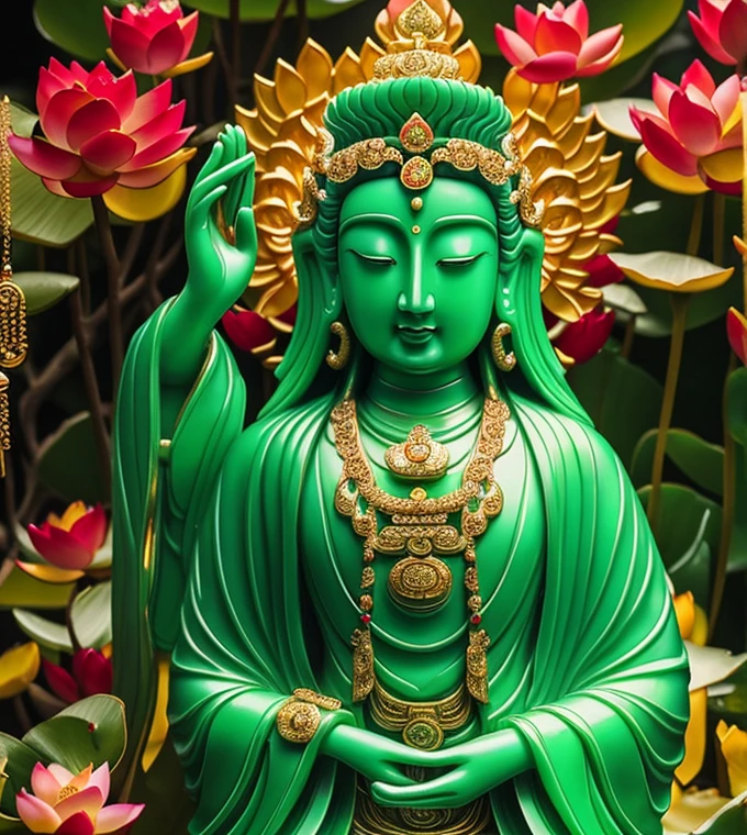 quan yin statue made of jade and jewery with 18 hands,super detailed, close eyes, detailed hands, detailed face, beatyfull face,shinning crystal clear jade statue, holding a light made of jewery, floating red lotus, chinese haven back ground, haven light