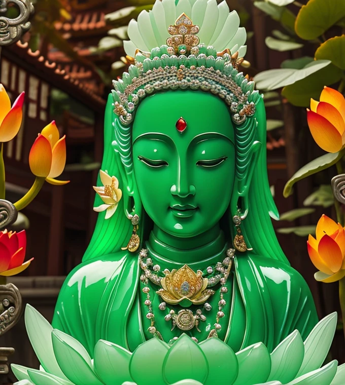 quan yin statue made of jade and jewery with 18 hands,super detailed, close eyes, detailed hands, detailed face, beatyfull face,shinning crystal clear jade statue, holding a light made of jewery, floating red lotus, chinese haven back ground, haven light