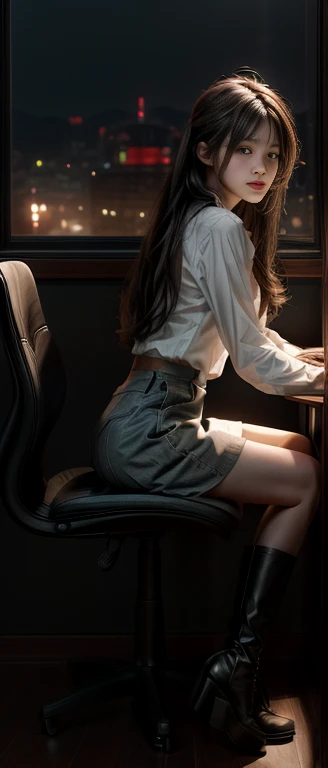 ((masterpiece, best quality, Highest image quality, Ultra-high resolution, Reality, original photo, 8k)), This painting depicts a woman working in an office,There is a full moon outside,Rows of computers in the office,The computer desk is filled with design,Scattered pens,coffee,snack,The floor is full of draft papers,Girl sitting on leather office chair,Scattered long hair,Tired expression,Keep your eyes on the screen,Wearing a white shirt,Short leather skirt,High boots,Perfect fingers,Perfect body,View from the side