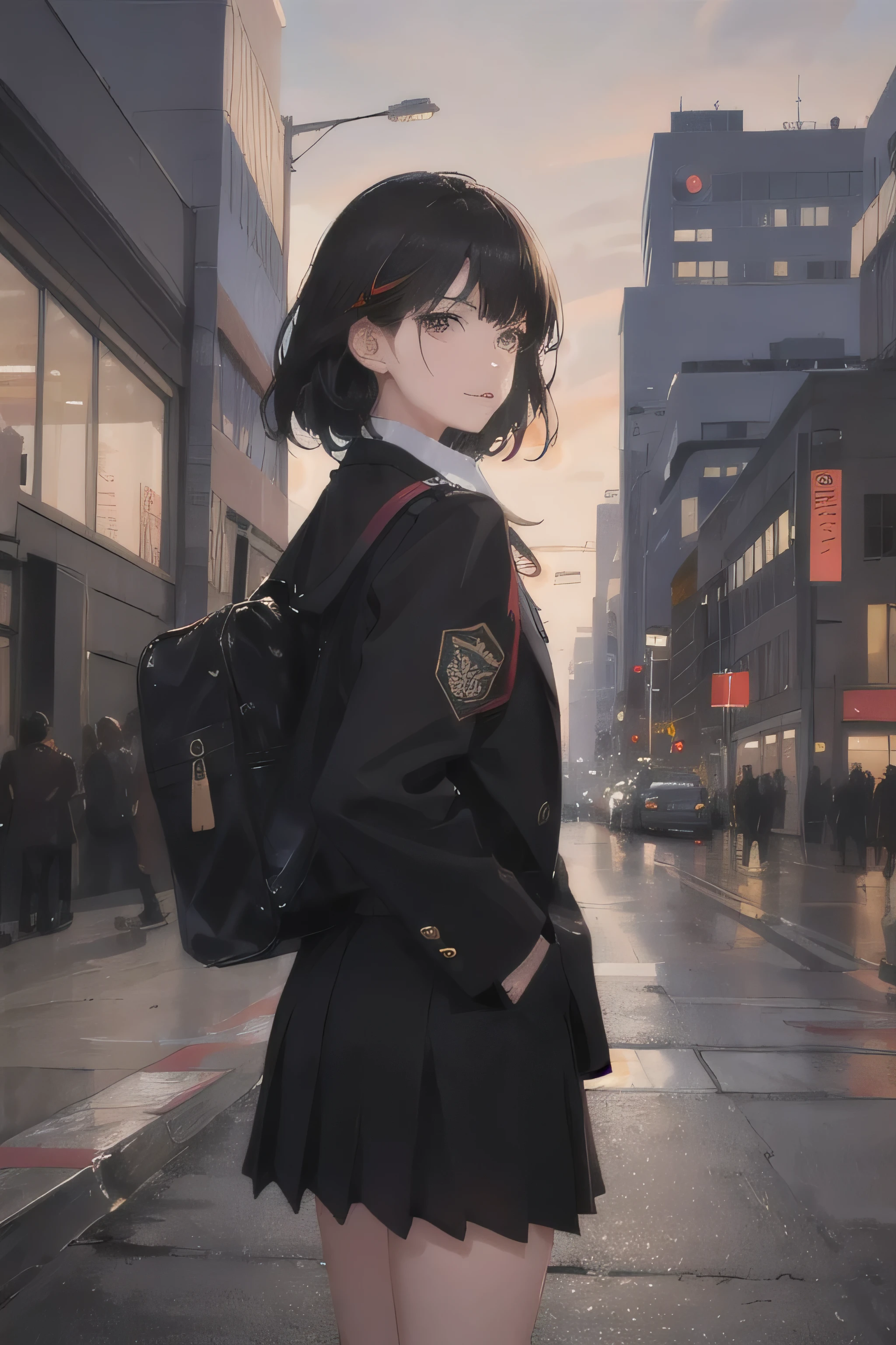 8K, masterpiece, highest quality, Illustration image, One Girl, 全てBlack Hair, semi-long, City night downtown in the background, Being on the ground, spring, high school student, uniform, Warm colors, Black schoolback, school bag, Accurate and highly detailed backgrounds, cute, Detailed face, Fine grain, Beautiful Eyes, Face forward and then glance sideways at the viewer diagonally below, Put your hands in your pockets, Black Hair,