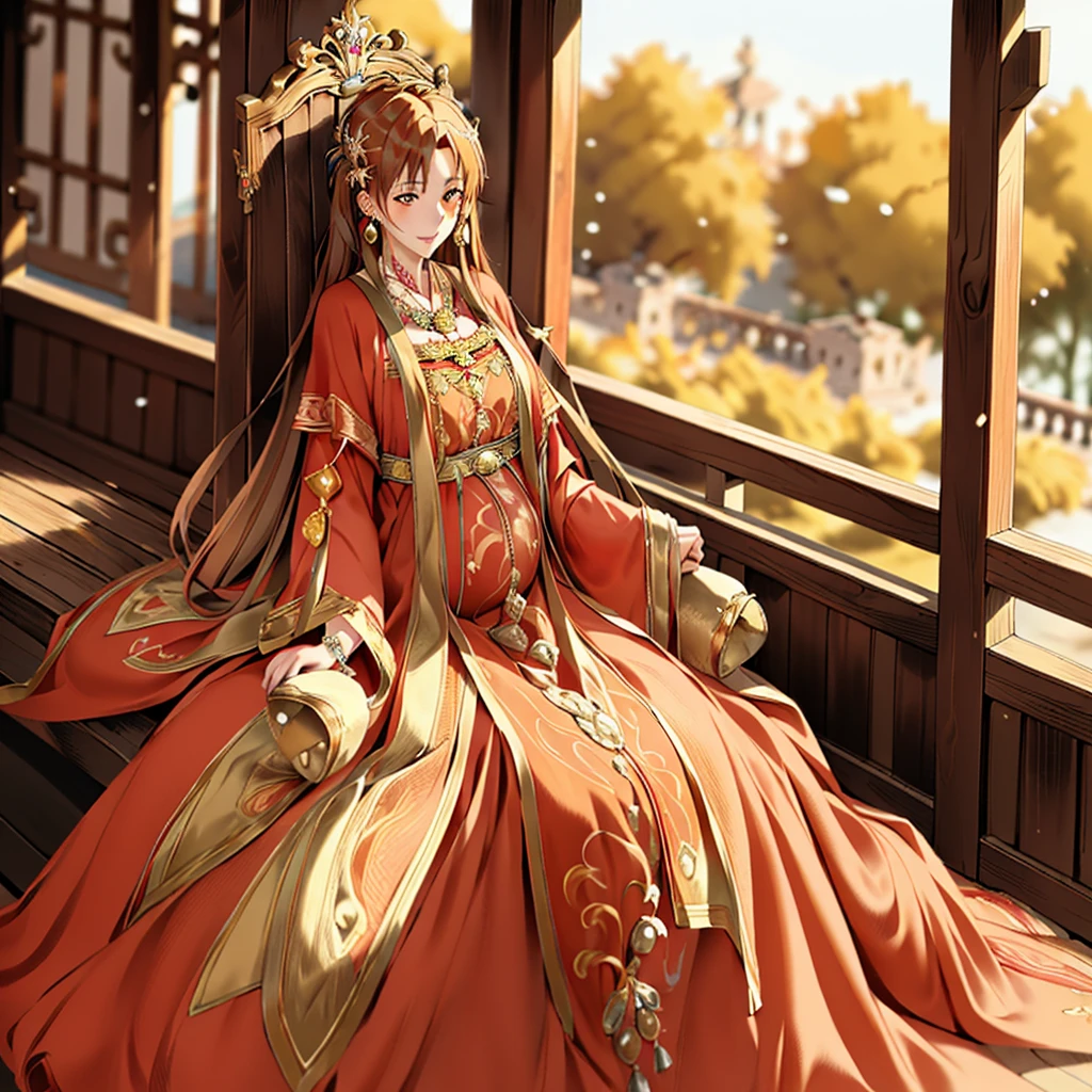 ((highest quality)), ((masterpiece)), (detailed), Perfect Face、Yuuki Asuna、Brown Hair、Hanfu、Gorgeous embroidery、cuddling with a man、((A man and a woman sit side by side on a large, luxurious throne in a palace))、The woman is pregnant、Gorgeous Phoenix Crown、The woman is wearing a gorgeous court costume.、Woman has a happy face、Gorgeous hair ornament、Earrings、necklace、Bracelet、Luxury accessories、The woman is the empress、The man is the prince、Man hugs woman