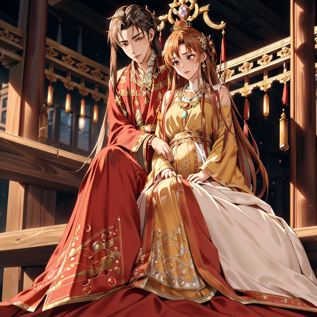 ((highest quality)), ((masterpiece)), (detailed), Perfect Face、Yuuki Asuna、Brown Hair、Hanfu、Gorgeous embroidery、cuddling with a man、((A man and a woman sit side by side on a large, luxurious throne in a palace))、The woman is pregnant、Gorgeous Phoenix Crown、The woman is wearing a gorgeous court costume.、Woman has a happy face、Gorgeous hair ornament、Earrings、necklace、Bracelet、Luxury accessories、The woman is the empress、The man is the prince、Man hugs woman