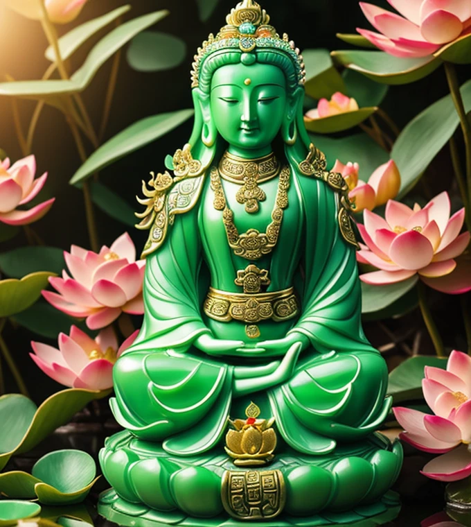 quan yin statue made of jade and jewery with multi hands,super detailed, close eyes, detailed hands, detailed face, beatyfull face,shinning crystal clear jade statue, holding a light made of jewery, floating red lotus, chinese haven back ground, haven light