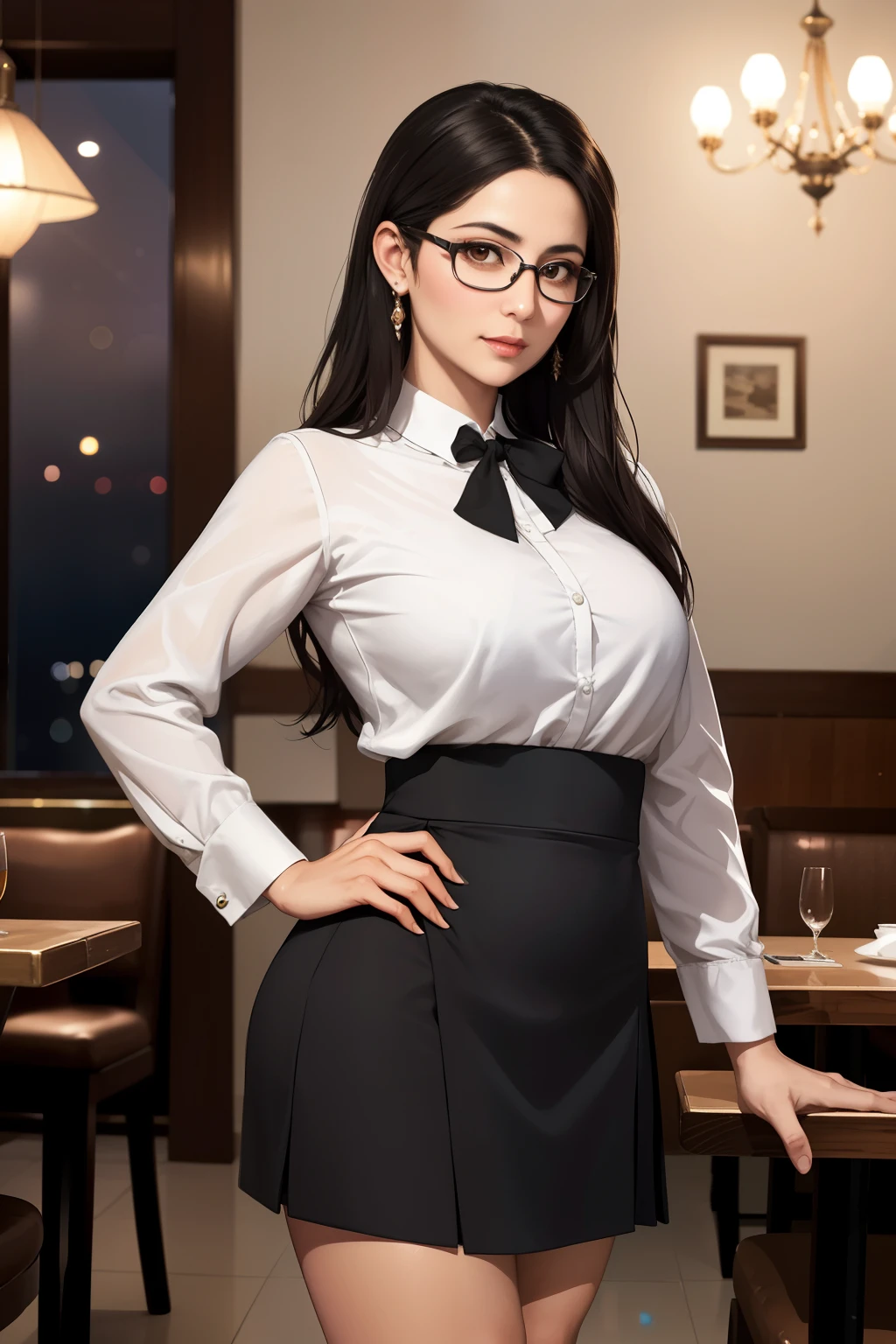 Afghan elegant girl, (40 years old), in the restaurant, night, mini skirt, busty, glasses, view from front, arrogant expression, (masterpiece, best quality, highly detailed, hyper realistic) 