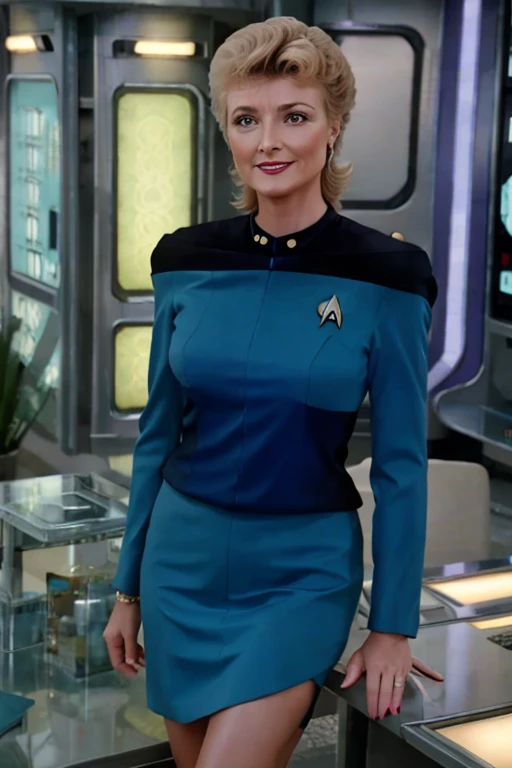 A woman, age 40, with a photo-realistic face and perfect hair, is standing in a star trek uniform. She is wearing a skirt and has a red lipstick on. The woman is facing the camera and has a bright smile. The image is of high quality, with a focus on her full body. The color tone is vibrant, and the lighting is set to highlight her features.