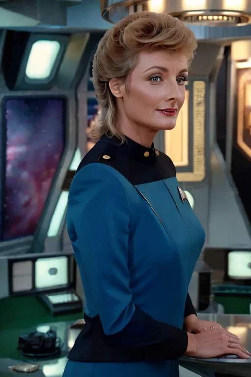 A woman, age 40, with a photo-realistic face and perfect hair, is standing in a star trek uniform. She is wearing a skirt and has a red lipstick on. The woman is facing the camera and has a bright smile. The image is of high quality, with a focus on her full body. The color tone is vibrant, and the lighting is set to highlight her features.