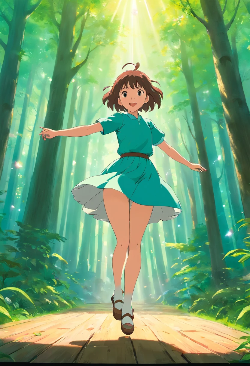 ((highres, best quality, 16k, masterpiece, resolution)), (A girl dancing on a stage in the middle of a forst), (((beautiful))),colorful, reflective