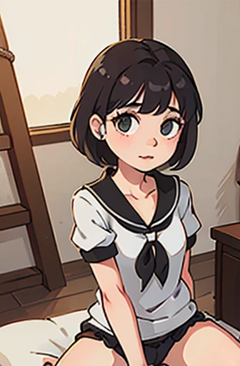 Girl with black hair showing her panties to the camera , looking at the camera, corada, calcinha branca transparente dando pra ver sua vagina, buceta, private part, opening your legs towards the camera, usando uma regata e uma saia, em um quarto, sentada no canto da cama