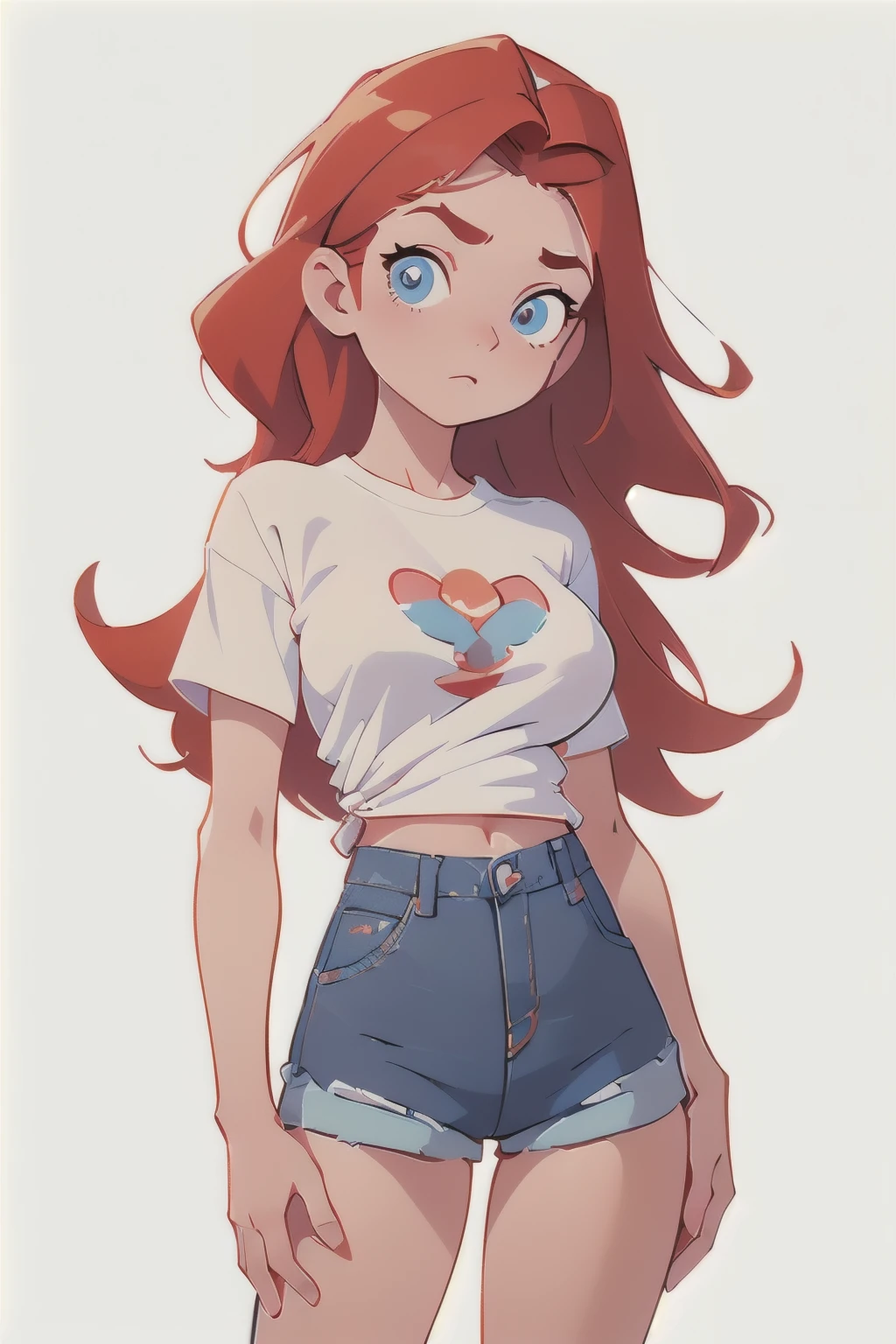 (masterpiece, best quality:1.2),beautiful and asethetic, masterpiece, white background, plain background, best quality, drawing of a chest up of a young woman wearing an tight tshirt and denim shorts, large breasts, medium red hair and blue eyes, character standing in neutral pose
