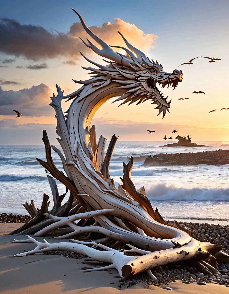 quite ((cahotic)) sculture made of drift wood irregular branches and a few trunks composing all together an overall shape similar to an undefined ((dragon)), some wood pieces are quite bleached by the sun and salted sea, on a rock on the shore, (((birds in the background))), at sunset, in the evening, storming sea and leaden sea behind, photorealistic