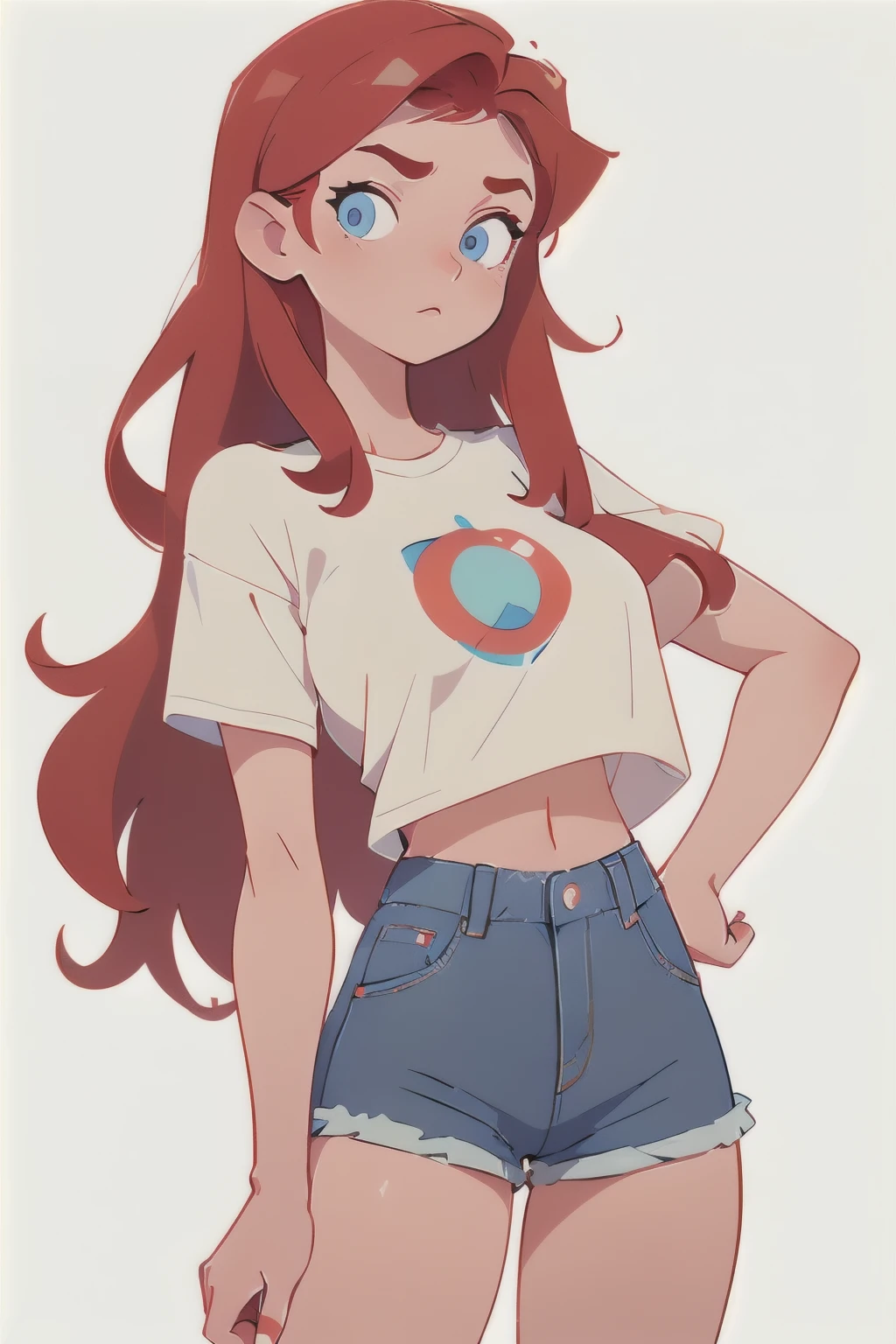 (masterpiece, best quality:1.2),beautiful and asethetic, masterpiece, white background, plain background, best quality, drawing of a chest up of a young woman wearing an tight tshirt and denim shorts, large breasts, medium red hair and blue eyes, character standing in neutral pose, saturated colors