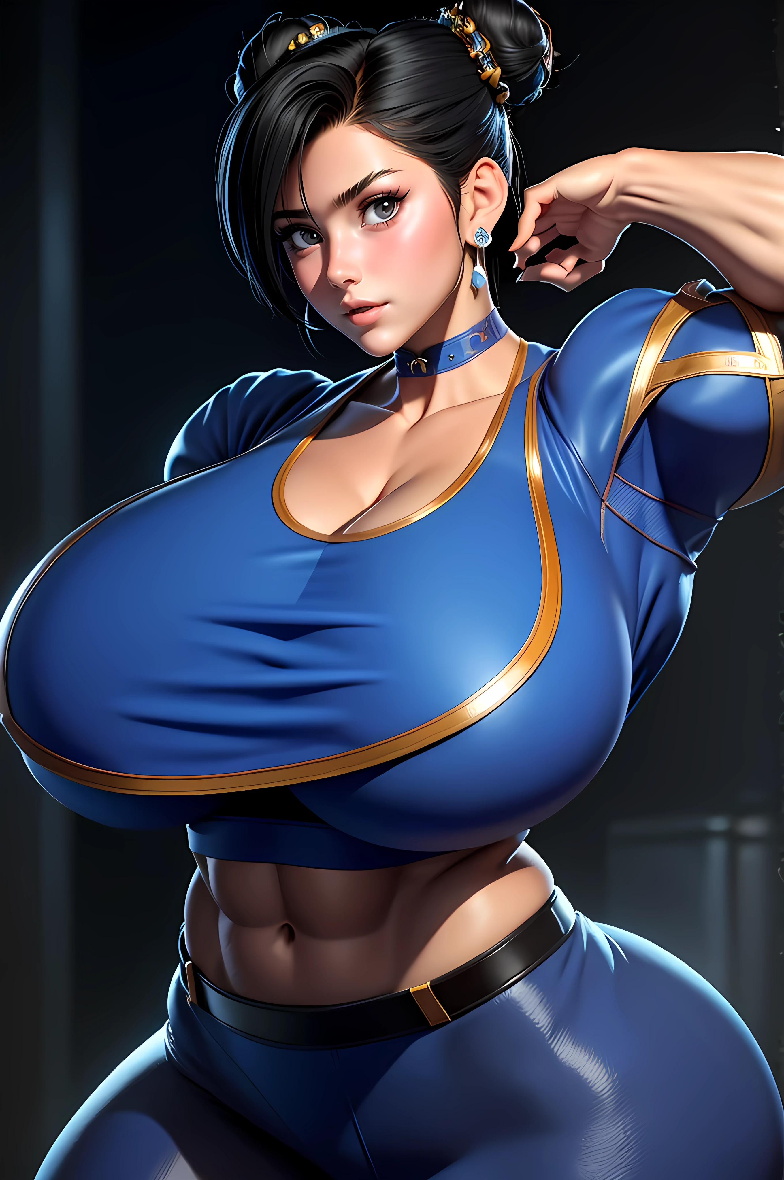 masterpiece, best quality,3d rending work ,3DMM style,close-up, 3D,1girl, solo, black hair, realistic, upper body, (urban city background, parted lips, choker, makeup, massive female bodybuilder, ((huge breasts:1.5)), cleavage, exposed stomach, toned abs, toned arms,  chun li, hair buns, blue clothes