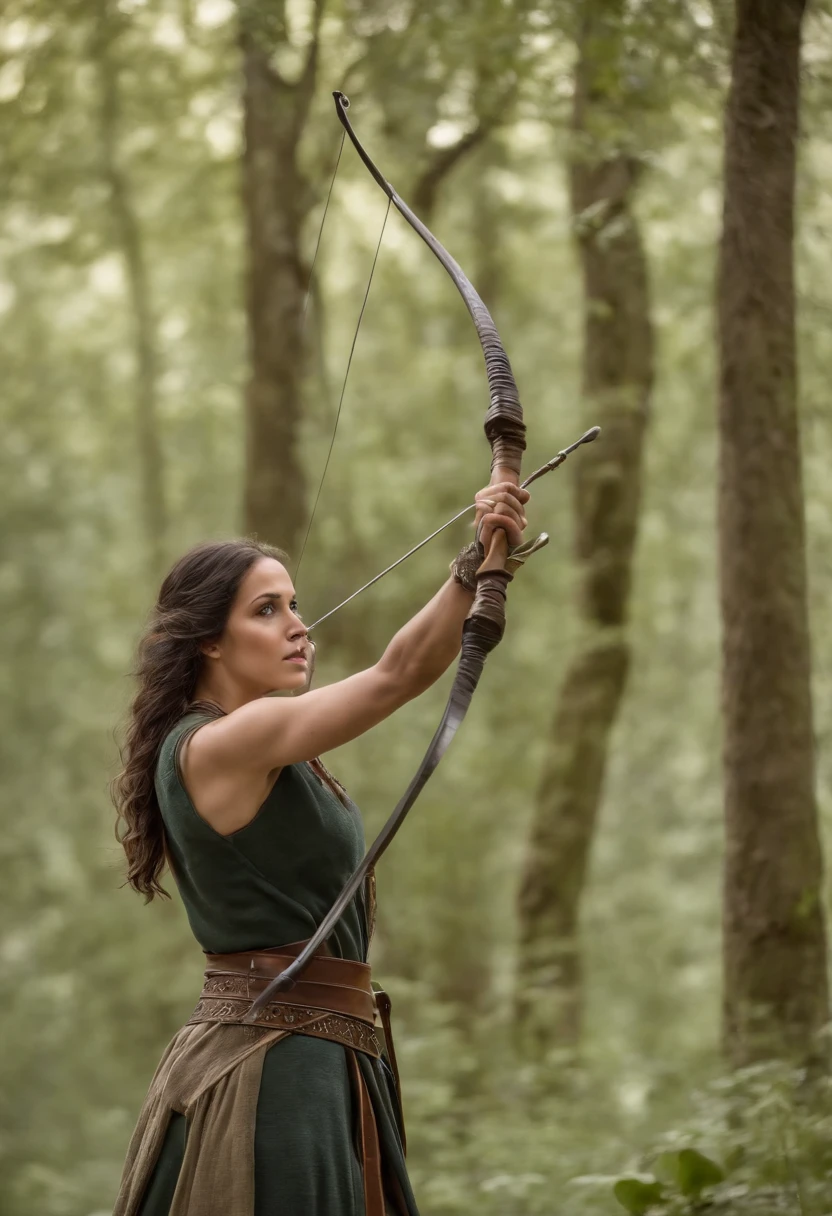 Guerrera elfa disparando un arco, Bosque profundo, Soplando en el viento, (of the highest quality), Detalles delicados y hermosos,