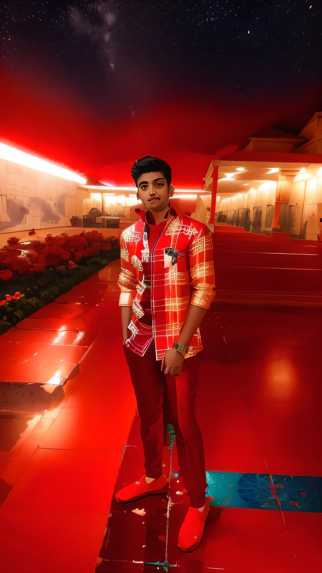 arafed man in red jacket standing in front of a decorated ceiling, candid picture, vinayak, around 1 s old, vastayan, candid photo, candid photograph, wearing a silk kurta, jayison devadas, with lovely look, at night time, ayan nag, wearing a kurta, in red background, johnatan wayshak