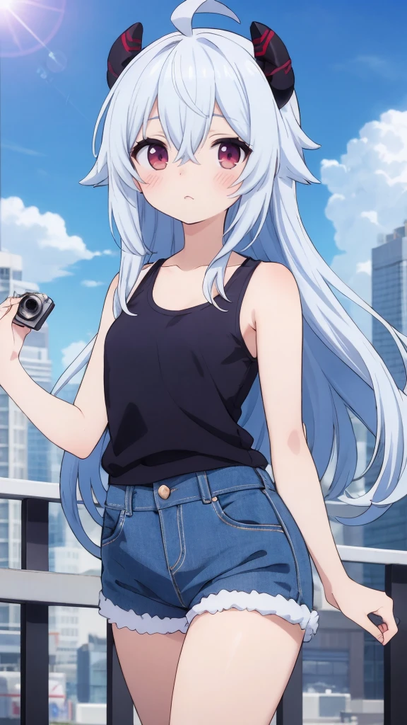 Absurd, High resolution, (Anime Style: 1.1), ((Mastepiece)), ((highest quality)), (Very detailed), (beautiful), alone, beautiful face, (lift), The view from the top of a nearby skyscraper is lovely., Wind, Lens flare, dramatic, Detailed Ancient City, Clouds below, ((Shibuya Ward)) 1.5, Hired (Genshin Impact), chest, horn, Long Hair, Blue Hair, Ahoge, Camera Eye, Holding, Blushing, bangs, Absolute area, Purple eyes, 中くらいのchest, goat horn, super Long Hair, Are standing, Mouth closed, , Side Lock, Cowboy Shot, fluffy, Red eyes, Hair between the eyes, ( Colorful clouds blurred background) 1.2, fluffy, Official Art, beauty, aesthetics: 1.2), Text Frame Depth, composition, ((White tank top)), Denim shorts,