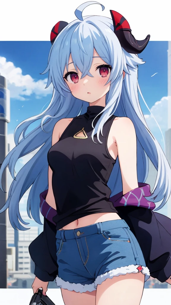 Absurd, High resolution, (Anime Style: 1.1), ((Mastepiece)), ((highest quality)), (Very detailed), (beautiful), alone, beautiful face, (lift), The view from the top of a nearby skyscraper is lovely., Wind, Lens flare, dramatic, Detailed Ancient City, Clouds below, ((Shibuya Ward)) 1.5, Hired (Genshin Impact), chest, horn, Long Hair, Blue Hair, Ahoge, Camera Eye, Holding, Blushing, bangs, Absolute area, Purple eyes, 中くらいのchest, goat horn, super Long Hair, Are standing, Mouth closed, , Side Lock, Cowboy Shot, fluffy, Red eyes, Hair between the eyes, ( Colorful clouds blurred background) 1.2, fluffy, Official Art, beauty, aesthetics: 1.2), Text Frame Depth, composition, ((White tank top)), Denim shorts,