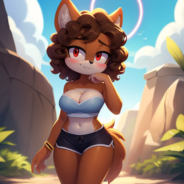 mobian, hedgehog, two-tone fur ((orange fur, brown fur)), pyjama elastic shorts, strapless crop top, cleavage, high-top sneakers, two-tone hair (brown hair, black tip)), curly hair, halo, sunglasses, jewelry, red eyes, longeyelashes, red eyes, smile, shy, blush, high detail, masterpiece, UHD, anatomically correct, super detail, highres, 4K