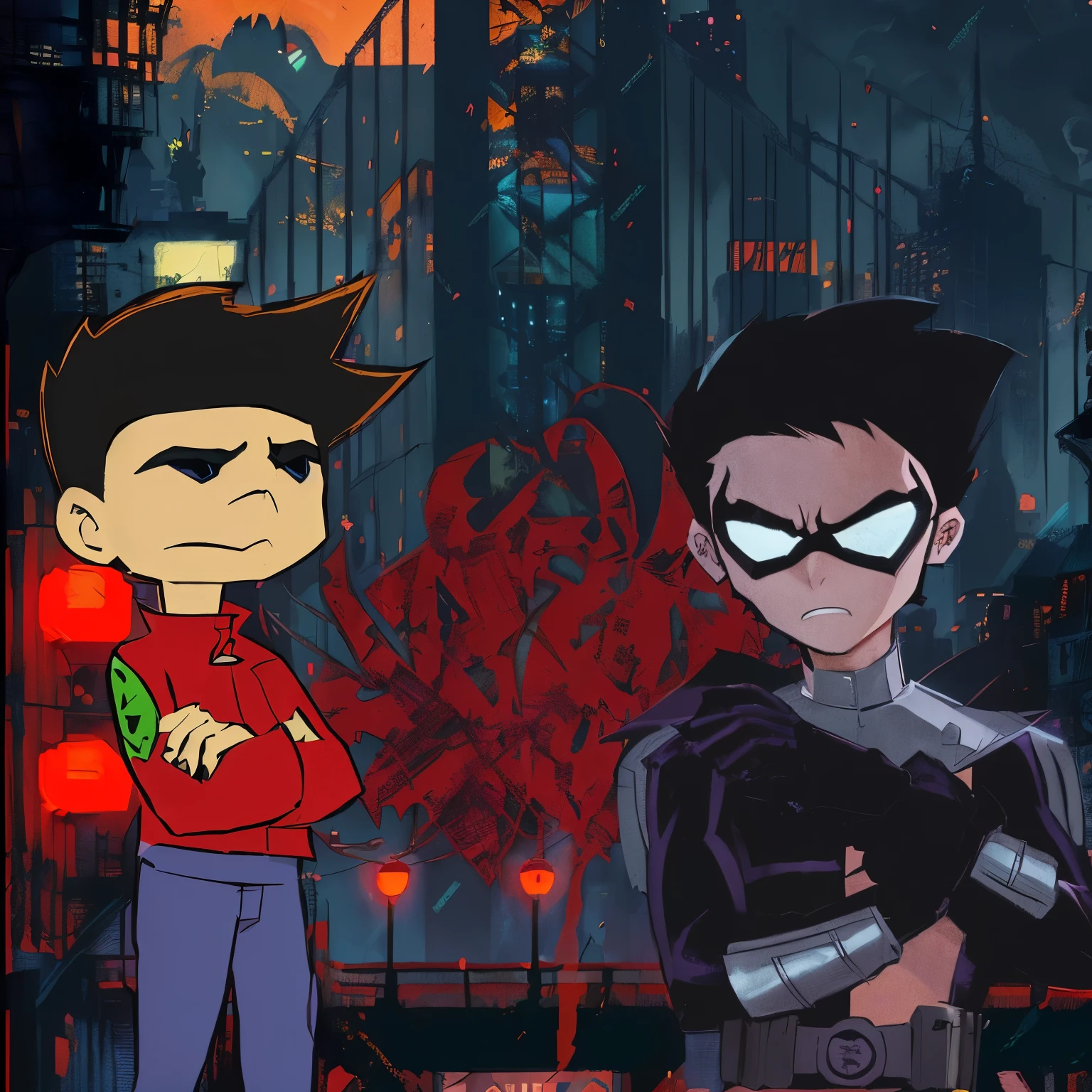 batman and robin in a city at night, in style of marvel and dc, animated series, teen titans, invader zim, gotham, inspired by Goro Fujita, animated episode still, epic comic book style, medium shot of two characters, promotional art, animated style, official fanart, official art, in the style of akira, damian kryzwonos