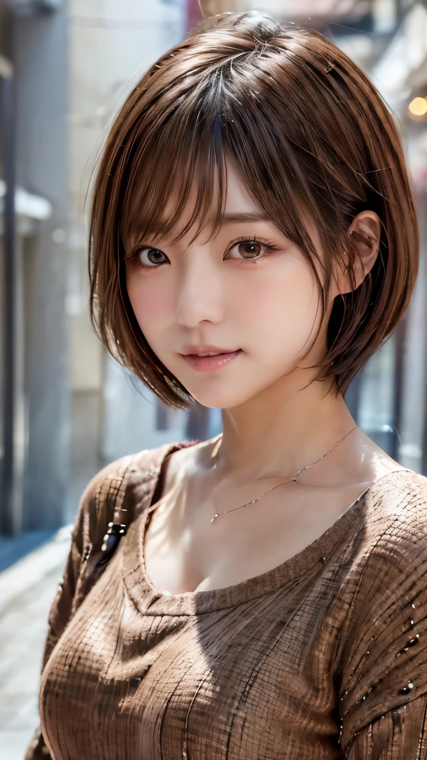 Japanese Girls, Knitted sweater, Sparkling eyes, Brown short hair, Mid-breasted, depth of field, f/1.8, Anatomically correct, Textured skin, Super Detail, Attention to detail, high quality, Super Detail, Attention to detail, high quality, 最high quality, High resolution