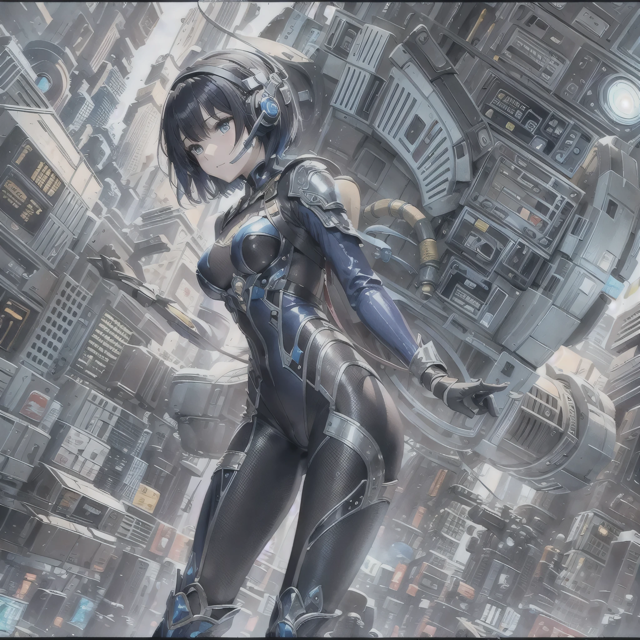 (masterpiece、highest quality、Highest Resolution、Clear_image、Detailed details、Angle from above): (Whole body、One 20 year old girl、Japanese Faces、Small Face、Slender、Navy blue super short bob cut hair、(Hidden small breasts:1.3)、Sparkling blue eyes、Shiny pilot suit in blue and black colors、Chest protection armor、Tight fitting clothes、Clothing that covers the whole body、Glamorous clothes、Tight Fit Pants、Hide your skin、Very delicate and beautiful、Detailed Skin、hide thighs、Hide your ass、Cute、A gentle smile、Soft expression、heroine、headset、Knee-high boots、Elbow-length gloves、Eye Level Shot、Face directly、Woman on a spaceship)