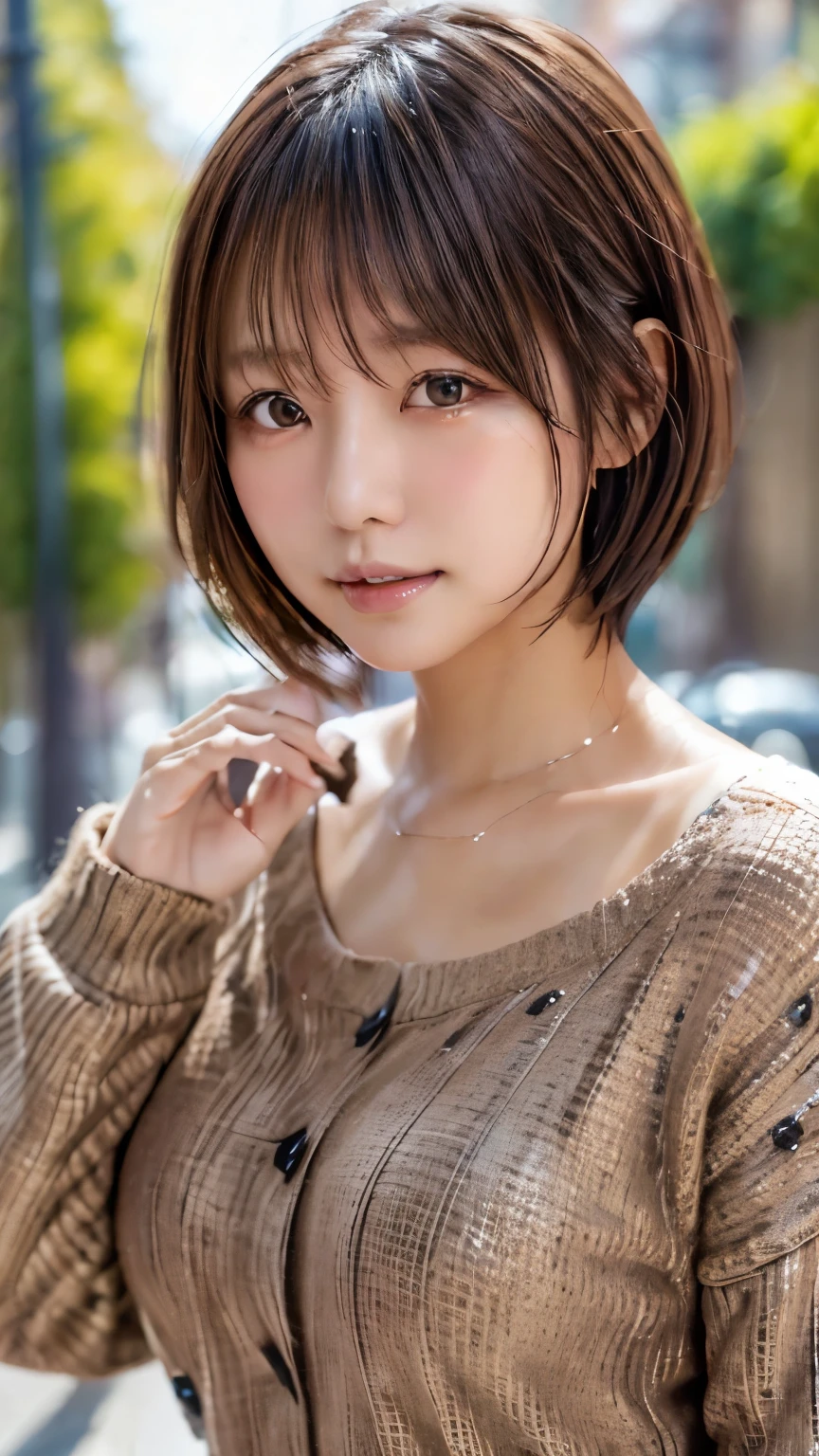 Japanese Girls, Knitted sweater, Sparkling eyes, Brown short hair, Mid-breasted, depth of field, f/1.8, Anatomically correct, Textured skin, Super Detail, Attention to detail, high quality, Super Detail, Attention to detail, high quality, 最high quality, High resolution