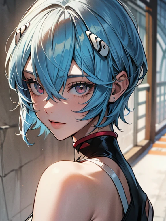 (Obra maestra), mejor calidad, ojos expresivos, cara perfecta, 1 chica, solo, Rei Ayanami, auriculares de interfaz, mono blanco, de pie, pose rudo, fondo de laboratorio, parte superior del cuerpo, retrato, from behind