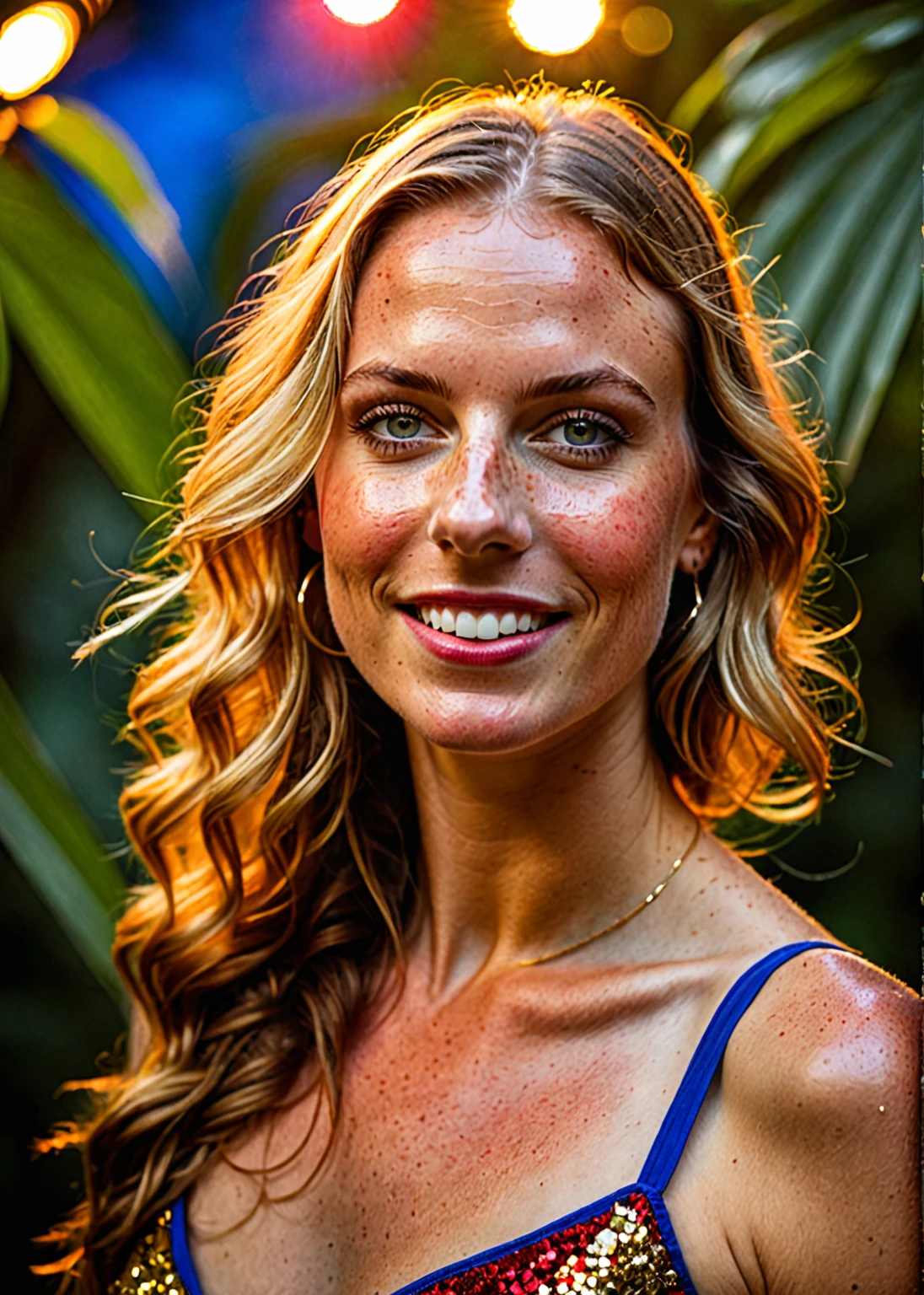 (((Portrait of a woman in the rainforest by the sea; (((image taken with wide-angle camera with f/1.2 aperture, very detailed skin texture, 1.4, light, intricate details, (main scene (with high image value) aperture: f/32), an exuberant and exotic young woman) Fair skin, young features, well-defined face, slight dimples near the cheek, wide open eyes and delicate freckles on the nose and cheeks with hair in shades of gold, royal blue and red, vibrant and gravity-defying. dynamic pose, charismatic expression, vibrant stage lights, photographed with Canon EOS 5D, 50mm lens, depth of field, shutter speed 1/200, F/1.8, 5500k white balance, stage lighting, backlighting, dramatic lighting, concert lights, photorealistic and detailed audience, sharp foreground, film grain effect, 4k –with 16:9 –s 500 –5. 32k quality, super-resolution, Pro Photo RGB, Semi-back lighting, backlight, dramatic lighting, incandescent.
