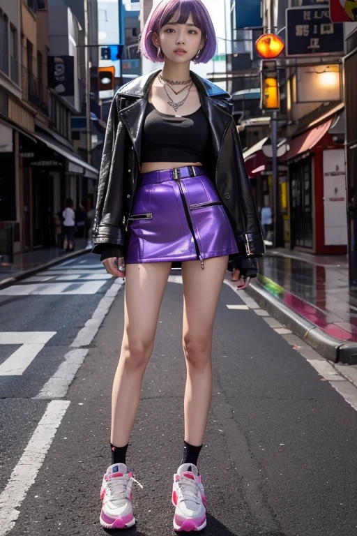 highest quality, Very detailed, masterpiece, 1 person,woman,(((完璧なwomanの体))),Very beautiful face, Very beautiful body,Gentle expression, Very beautiful eyes,(Perfect Makeup:1.1),Fashion Model,Cyberpunk Fashion,short hair,Shaggy Hair,Fluorescent pink and blue hair:1.3, Very thin body,Smart Abs, Black and purple cyberpunk short outfit, Fluorescent pink and blue mini skirt,necklace,anklet,Two-tone high-top sneakers,A kind smile,Full body portrait,(Street background:1.3), (Shiny skin),(Earrings),Mecha,