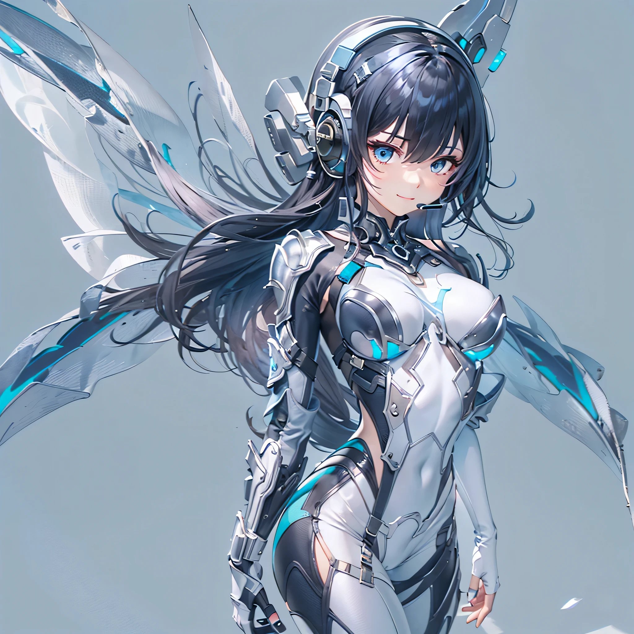 (masterpiece、highest quality、Highest Resolution、Clear_image、Detailed details、Angle from above): (Whole body、One 20 year old girl、Japanese Faces、Small Face、Slender、Navy blue super short bob cut hair、(Hidden small breasts:1.3)、Sparkling blue eyes、Shiny pilot suit in blue and black colors、Chest protection armor、Tight fitting clothes、Clothing that covers the whole body、Glamorous clothes、Tight Fit Pants、Hide your skin、Very delicate and beautiful、Detailed Skin、hide thighs、Hide your ass、Cute、A gentle smile、Soft expression、heroine、headset、Knee-high boots、Elbow-length gloves、Eye Level Shot、Face directly、Woman on a spaceship)